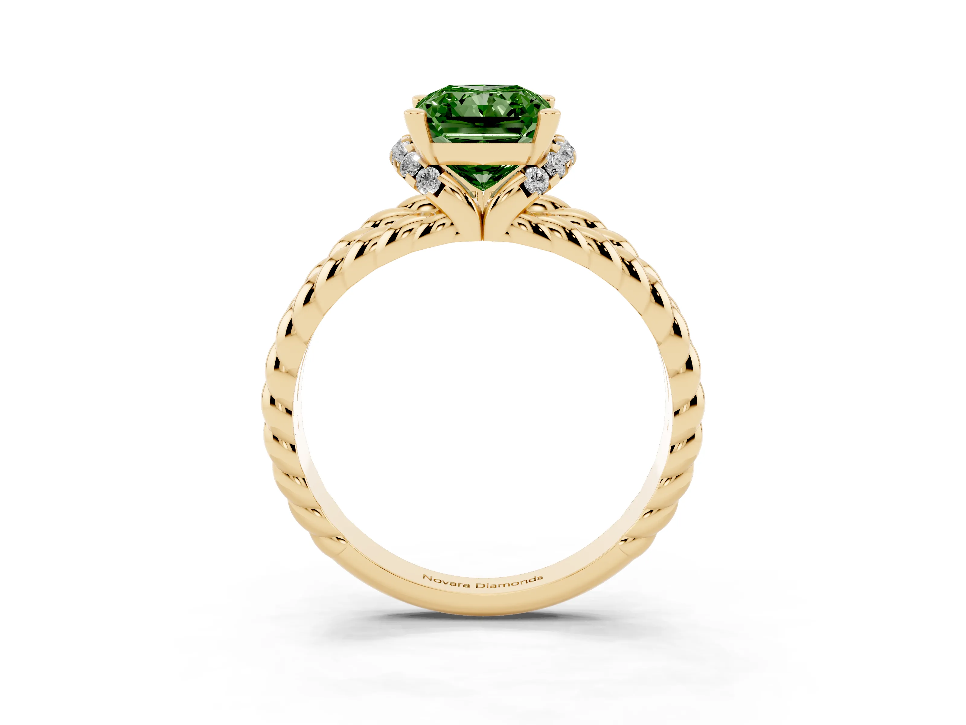 Fancy Green Radiant Cut Diamond Halo Ring Set in Yellow gold with Twisted Band and Prong Setting