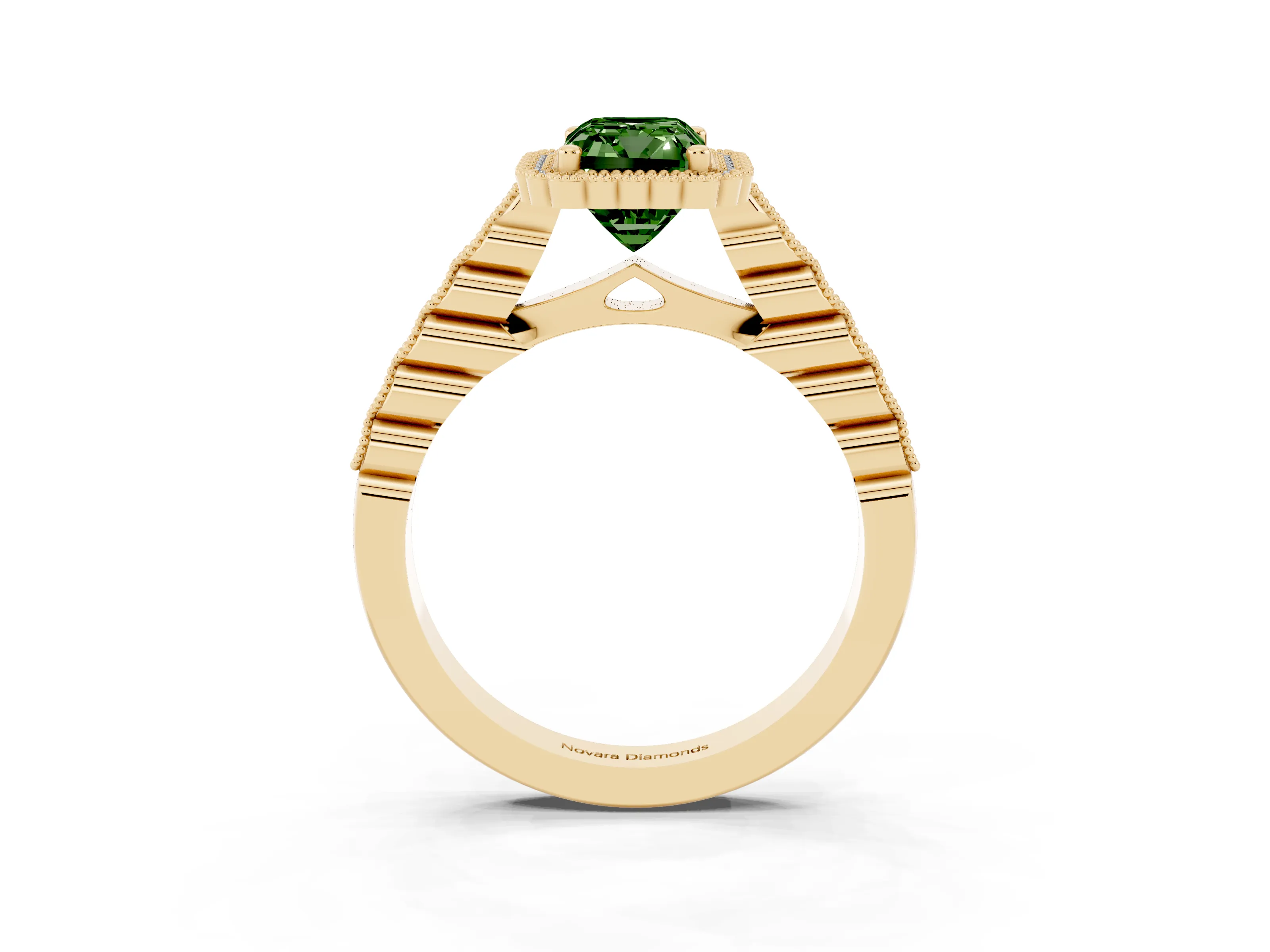 Fancy Green Radiant Cut Diamond Halo Ring Set in Yellow gold with Pavé Milgrain Band