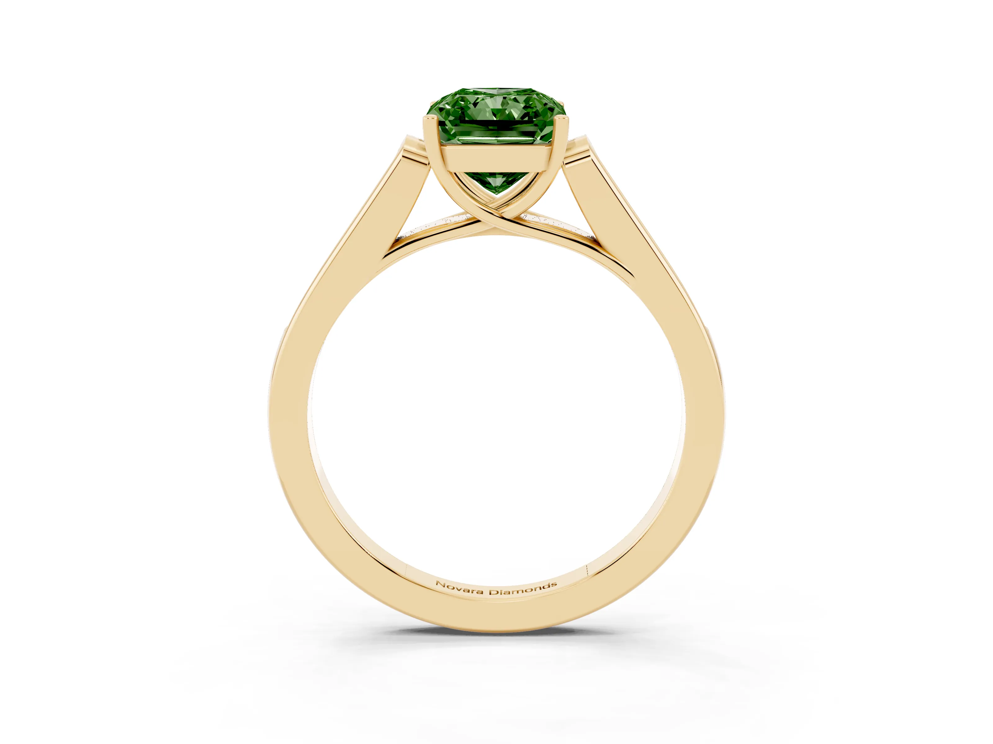 Fancy Green Radiant Cut Diamond Solitaire Cathedral Engagement Ring Set in Yellow gold with Channel-Set Band and Prong Setting