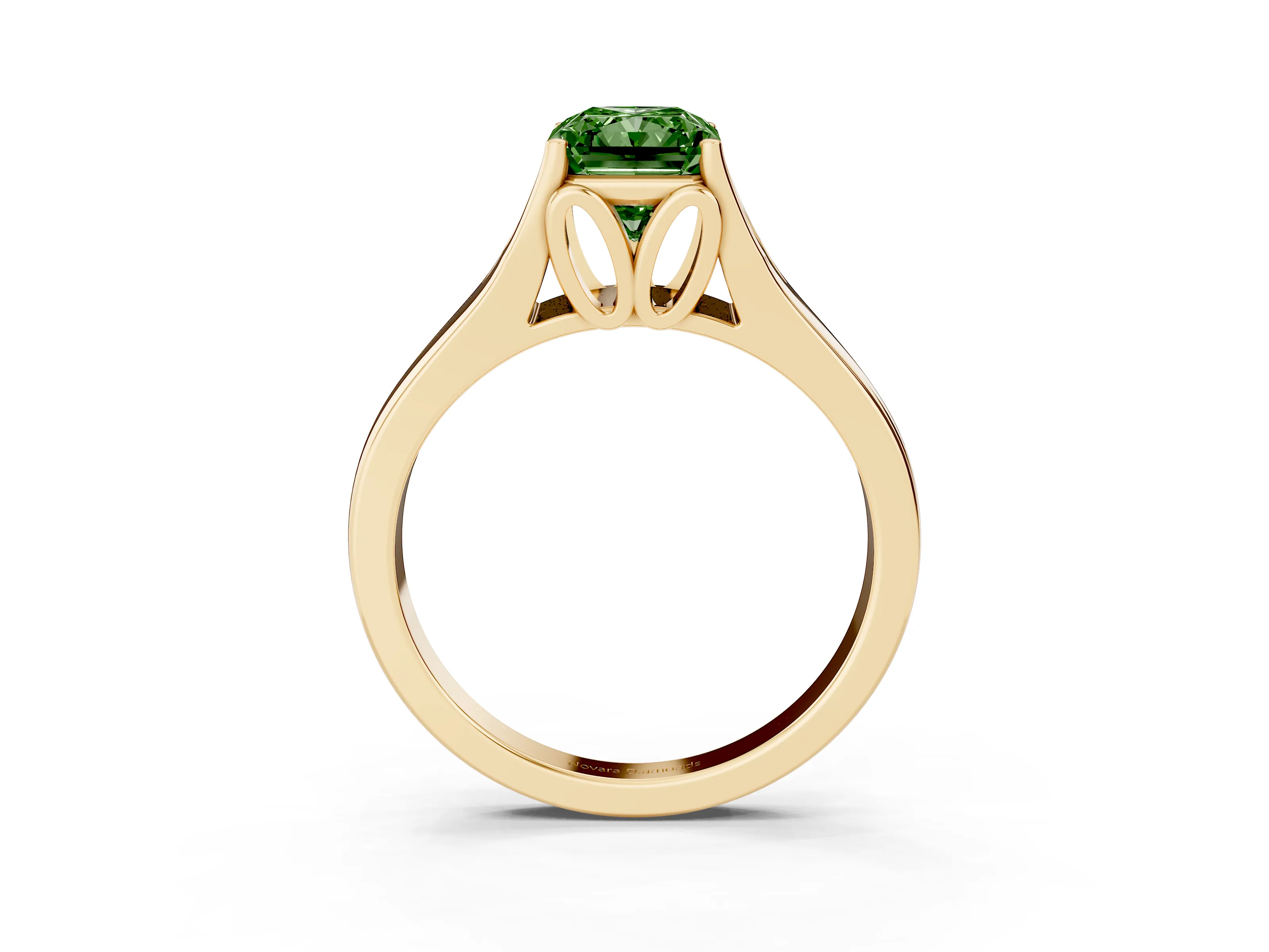 Fancy Green Radiant Cut Diamond Solitaire Ring Set in Yellow gold with Arched Cathedral Band and Prong Setting