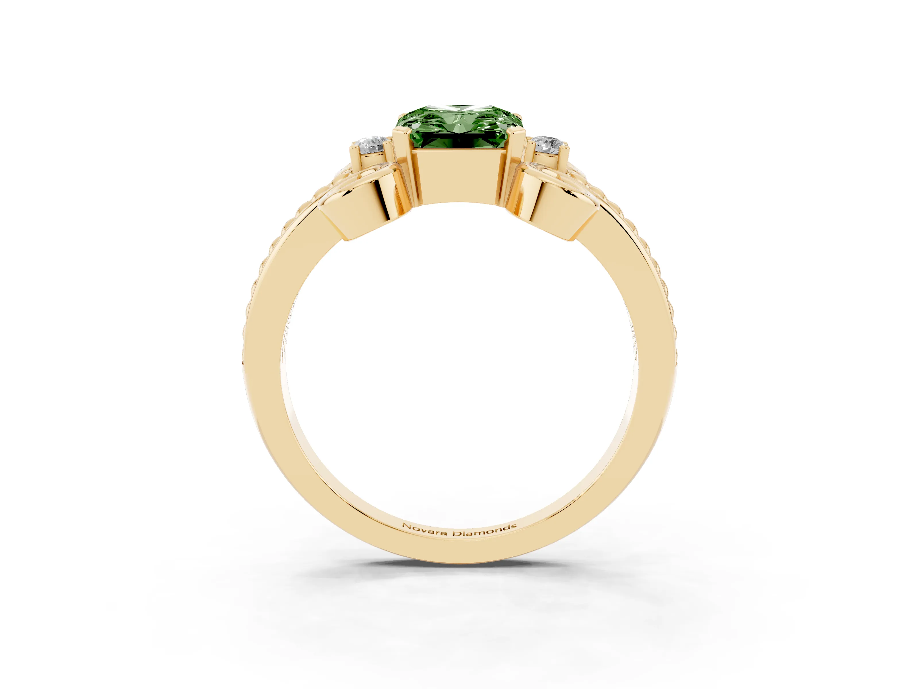 Fancy Green Radiant Cut Diamond Twisted Band Solitaire Ring Set in Yellow gold with Scroll Prongs