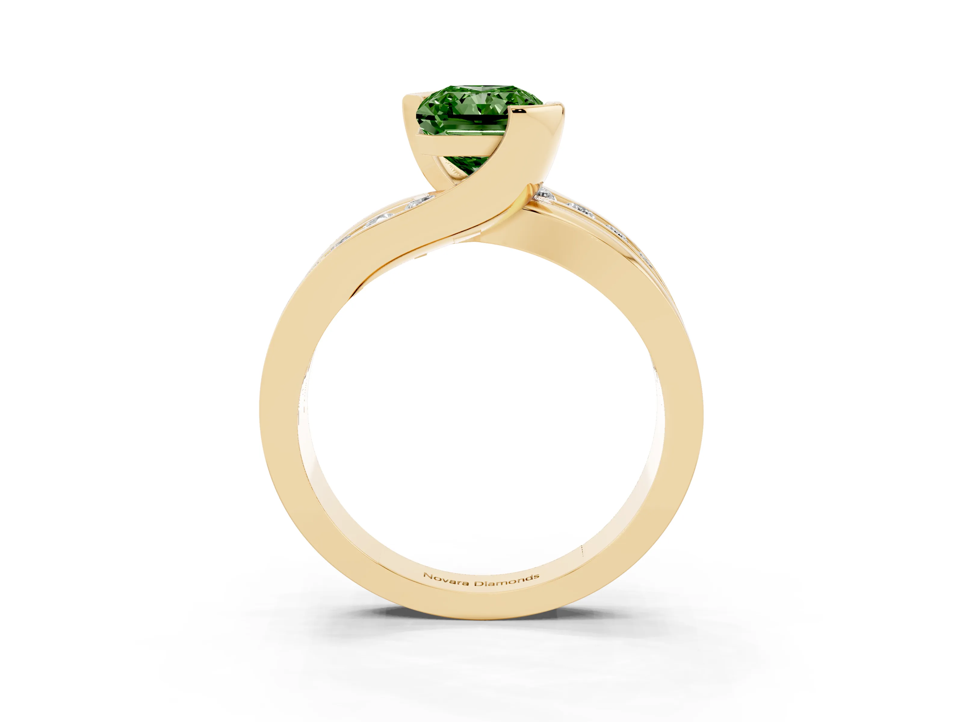 Fancy Green Radiant Cut Diamond Solitaire Ring Set in Yellow gold with Channel Set Split Shank and Tension Prongs