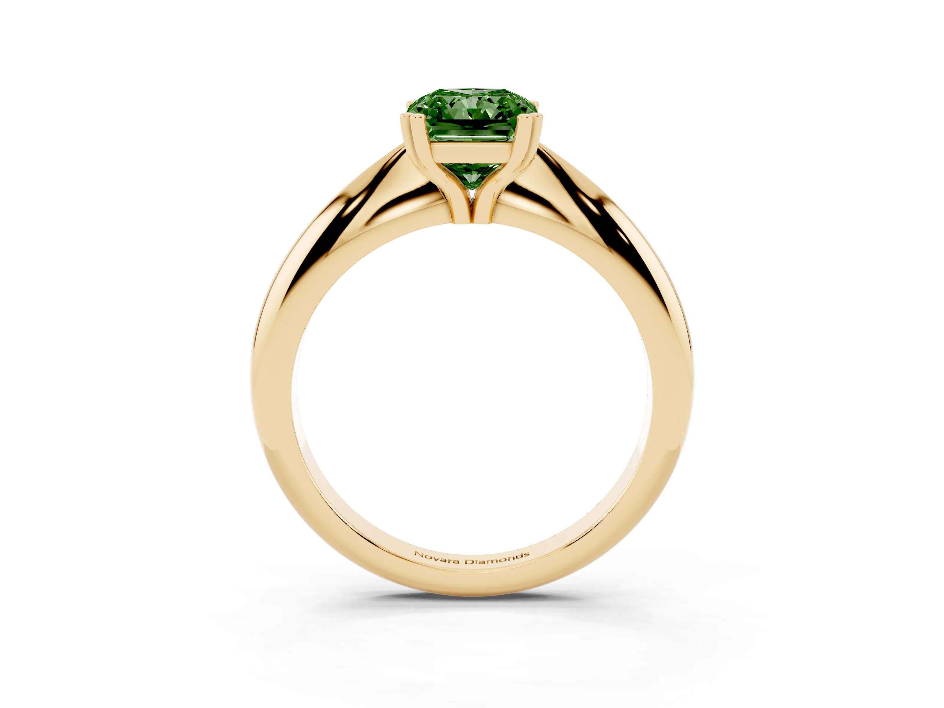 Fancy Green Radiant Cut Diamond Solitaire Engagement Ring Set in Yellow gold with Tapered Band and Prong Setting
