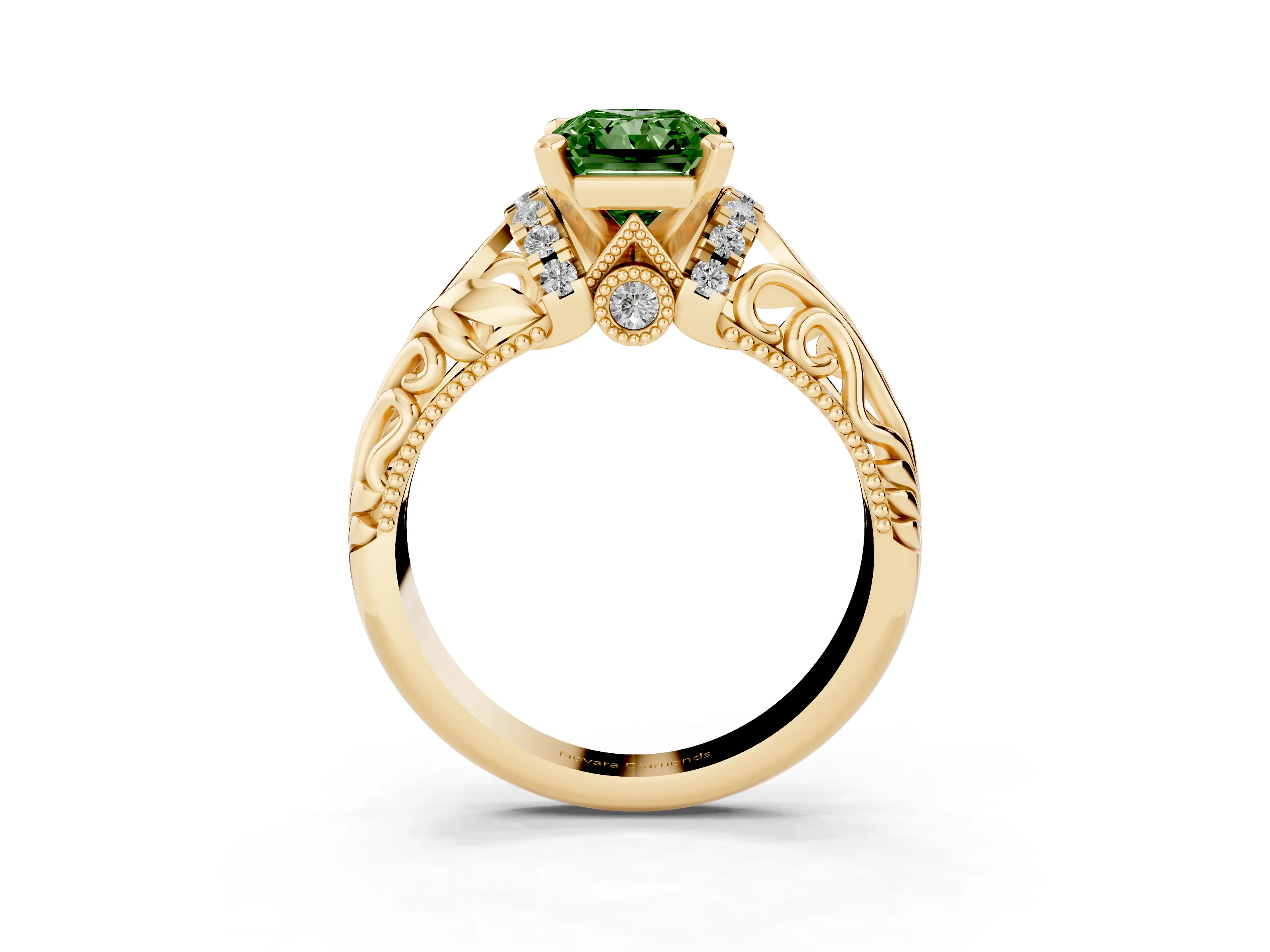 Fancy Green Radiant Cut Diamond Filigree Halo Engagement Ring Set in Yellow gold with Prong Setting