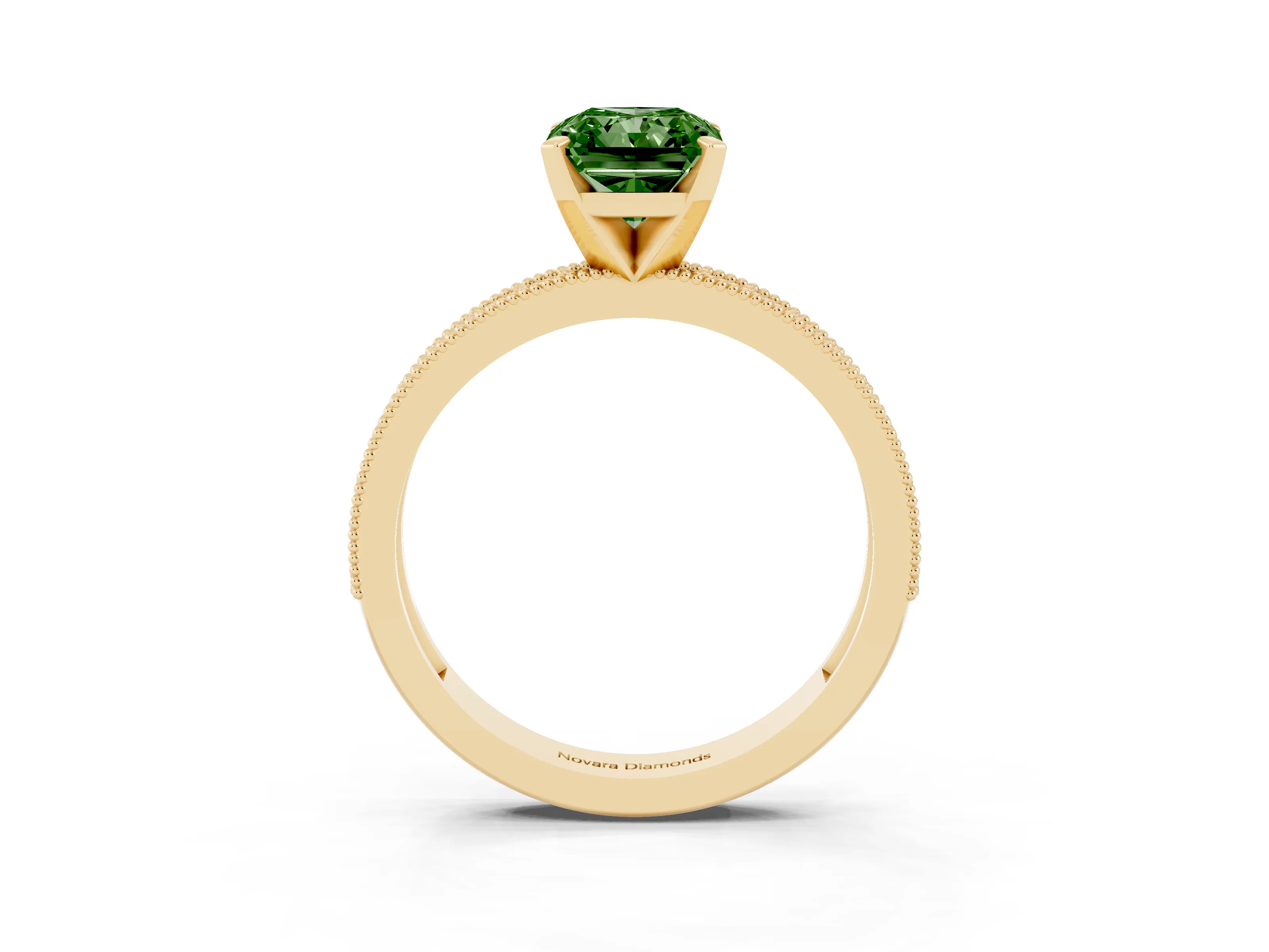 Fancy Green Radiant Cut Diamond Milgrain Pavé Engagement Ring Set in Yellow gold with Prong Setting