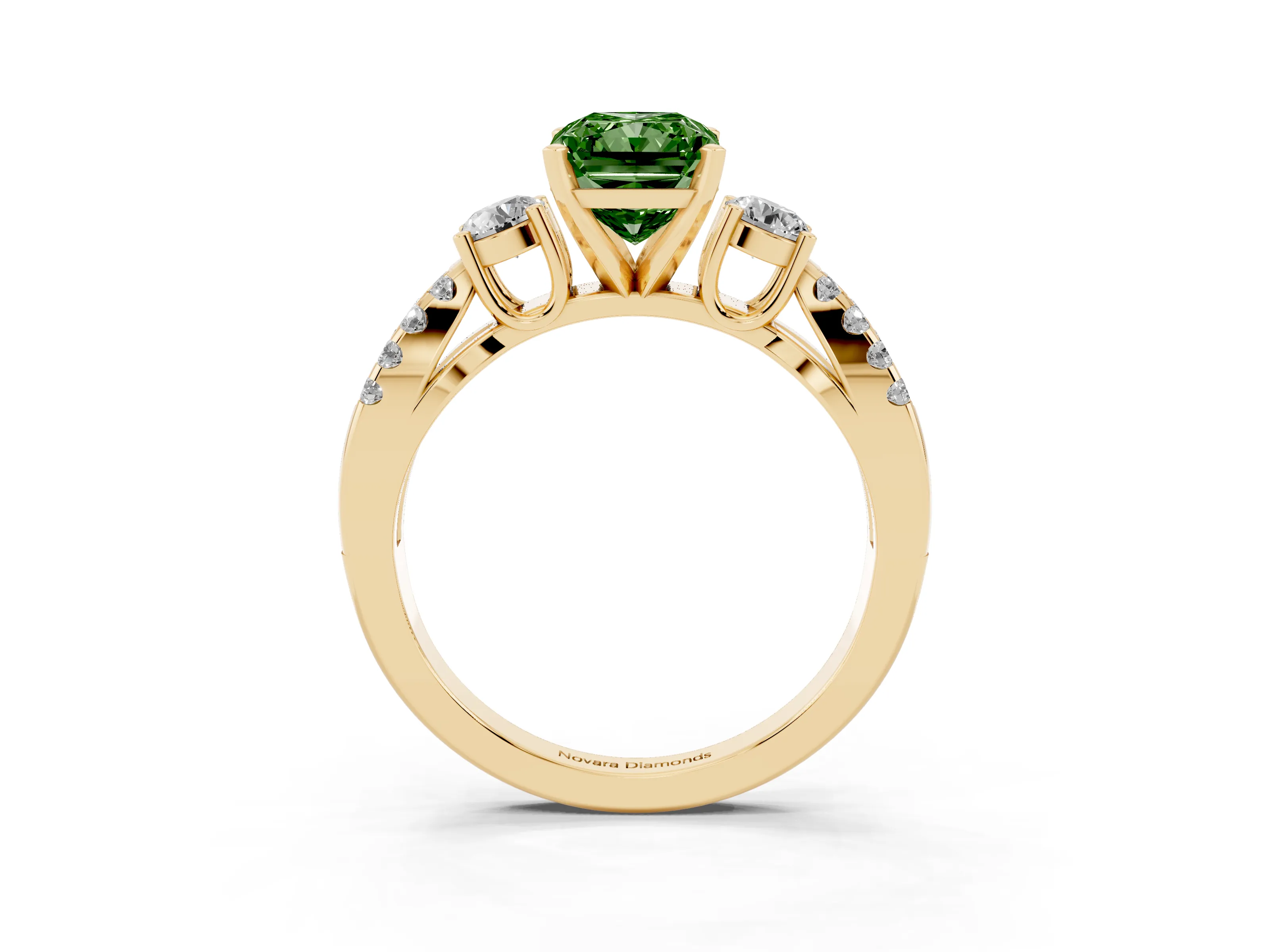 Fancy Green Radiant Cut Diamond Three-Stone Ring Set in Yellow gold with Pavé Split Shank and Prong Setting