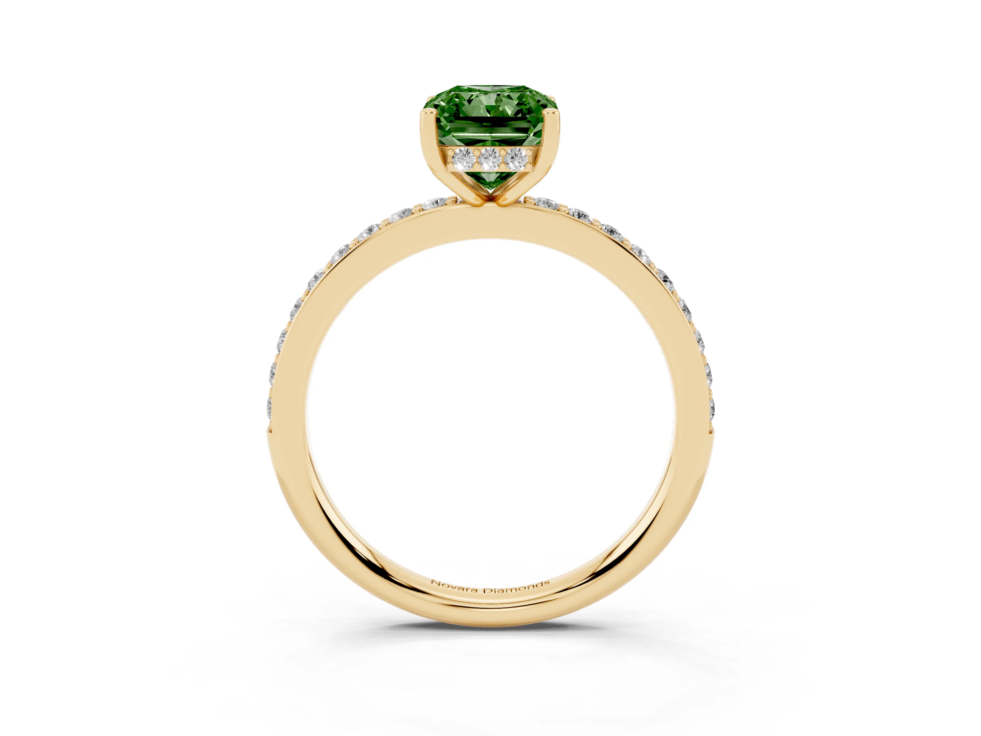 Fancy Green Radiant Cut Diamond Pavé Band Ring Set in Yellow gold with Prong-Set Center Stone