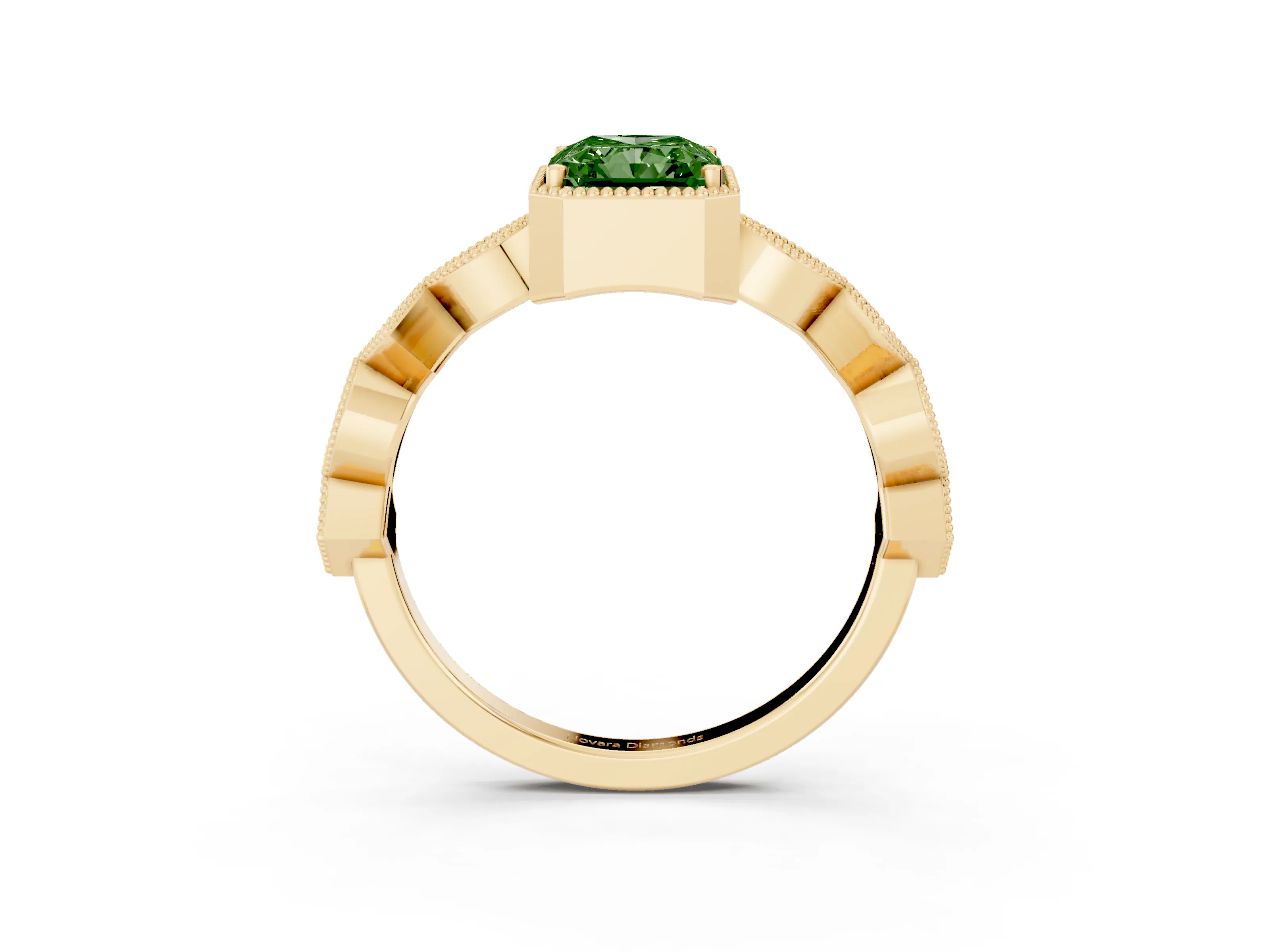 Fancy Green Radiant Cut Diamond Milgrain Marquise Twist Band Ring Set in Yellow gold with Prong Setting