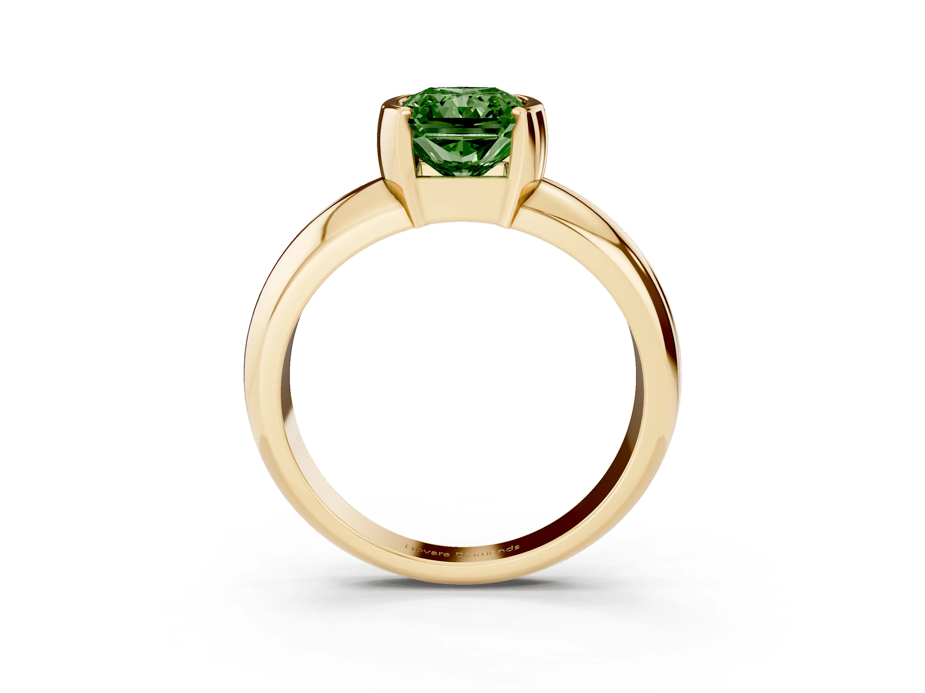 Fancy Green Radiant Cut Diamond Solitaire Tension Set Ring Set in Yellow gold with Wide Band