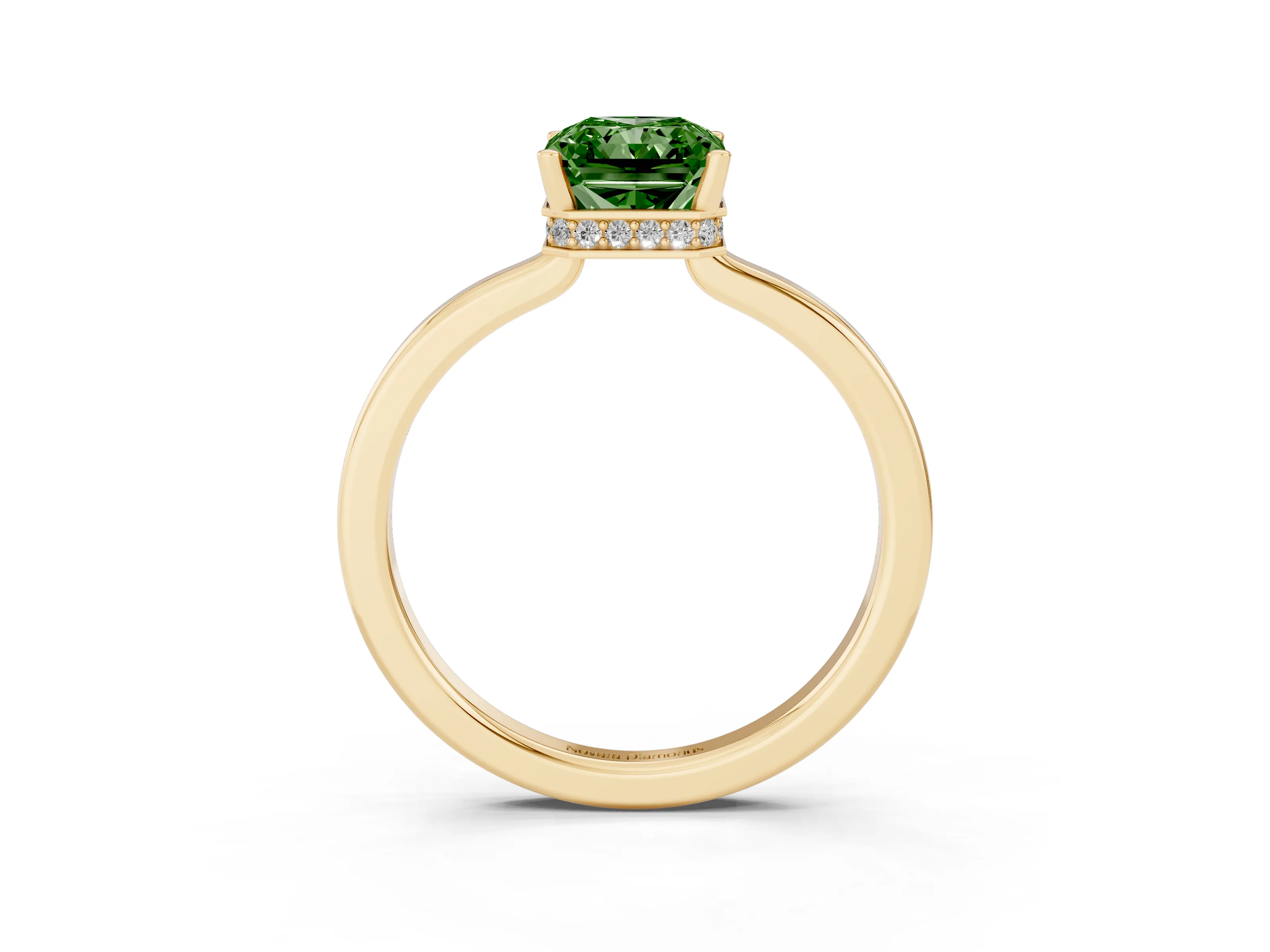 Fancy Green Radiant Cut Diamond Solitaire Engagement Ring Set in Yellow gold with Prong Setting on a Plain Band