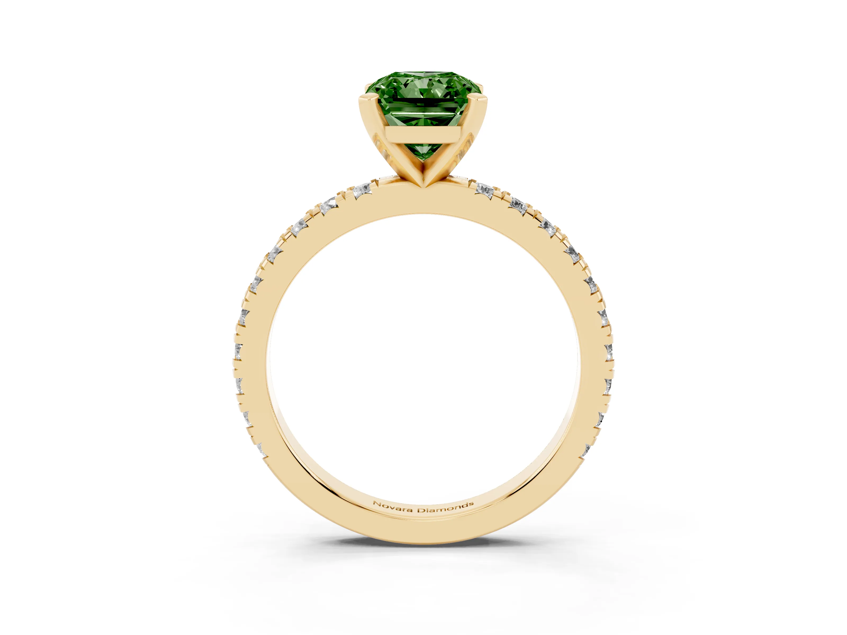 Fancy Green Radiant Cut Diamond Pavé Band Solitaire Set in Yellow gold with Prong Setting