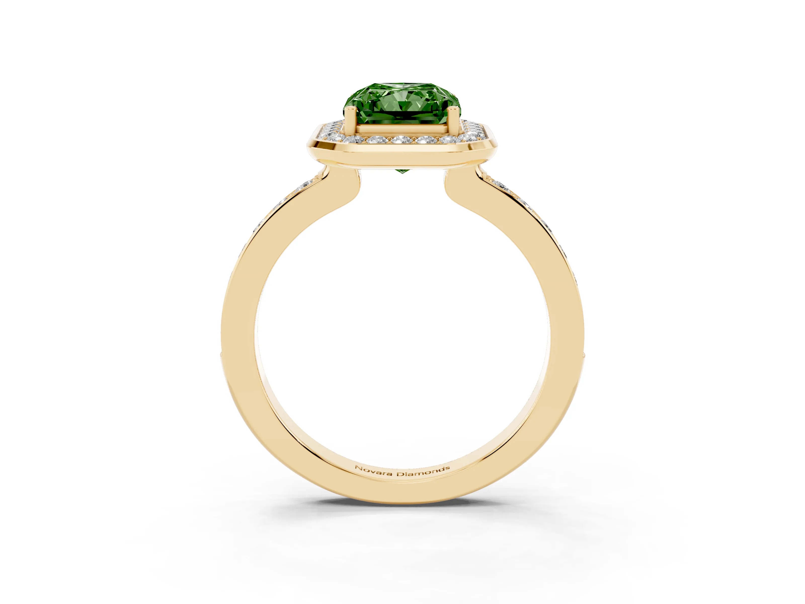 Fancy Green Radiant Cut Diamond Halo Ring Set in Yellow gold with Bezel Frame and Pavé Band
