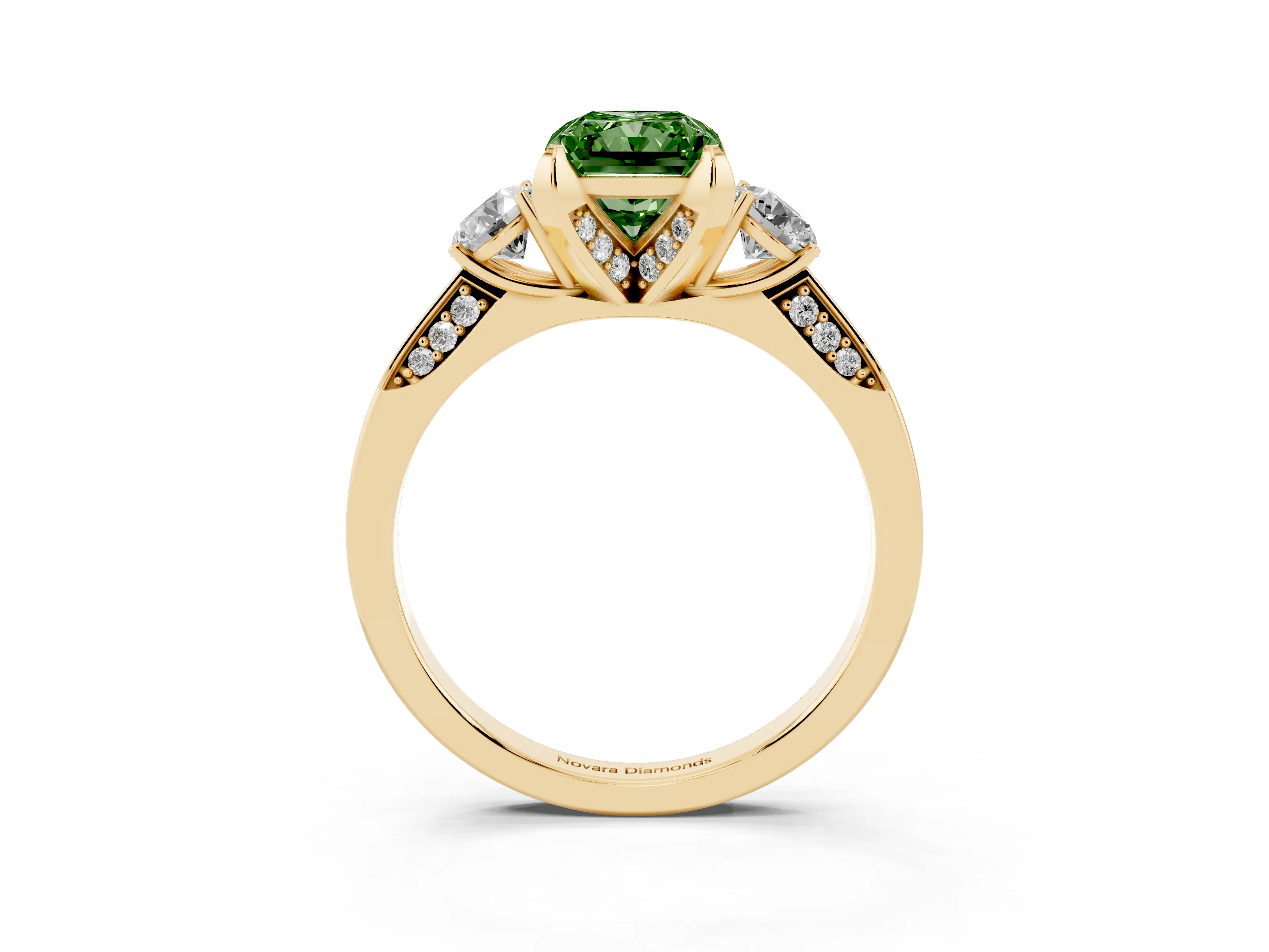 Fancy Green Radiant Cut Diamond Three-Stone Ring Set in Yellow gold with Pavé Band and Smaller Side Stones
