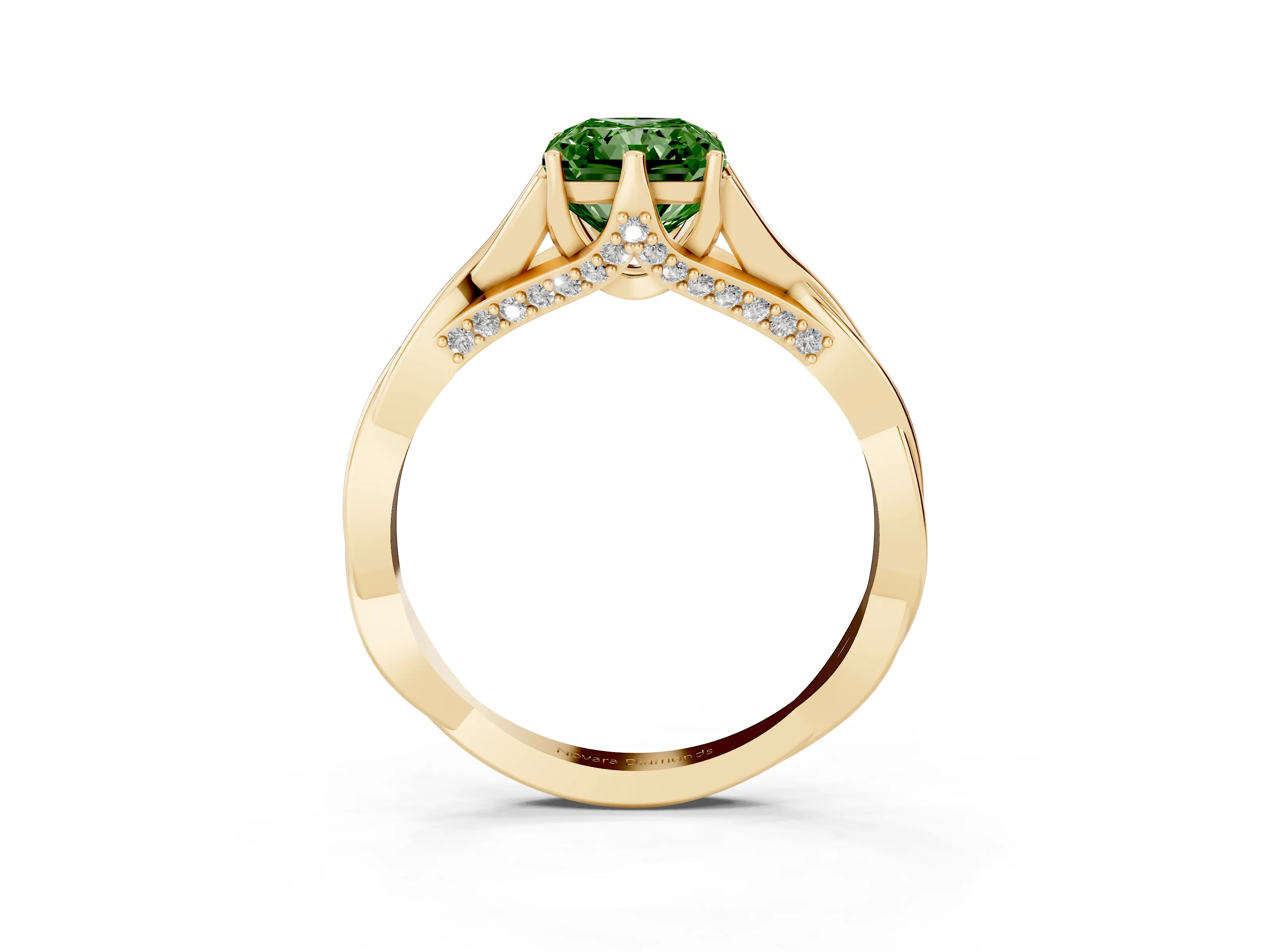 Fancy Green Radiant Cut Diamond Intertwined Twist Band Solitaire Ring Set in Yellow gold with Prong Setting