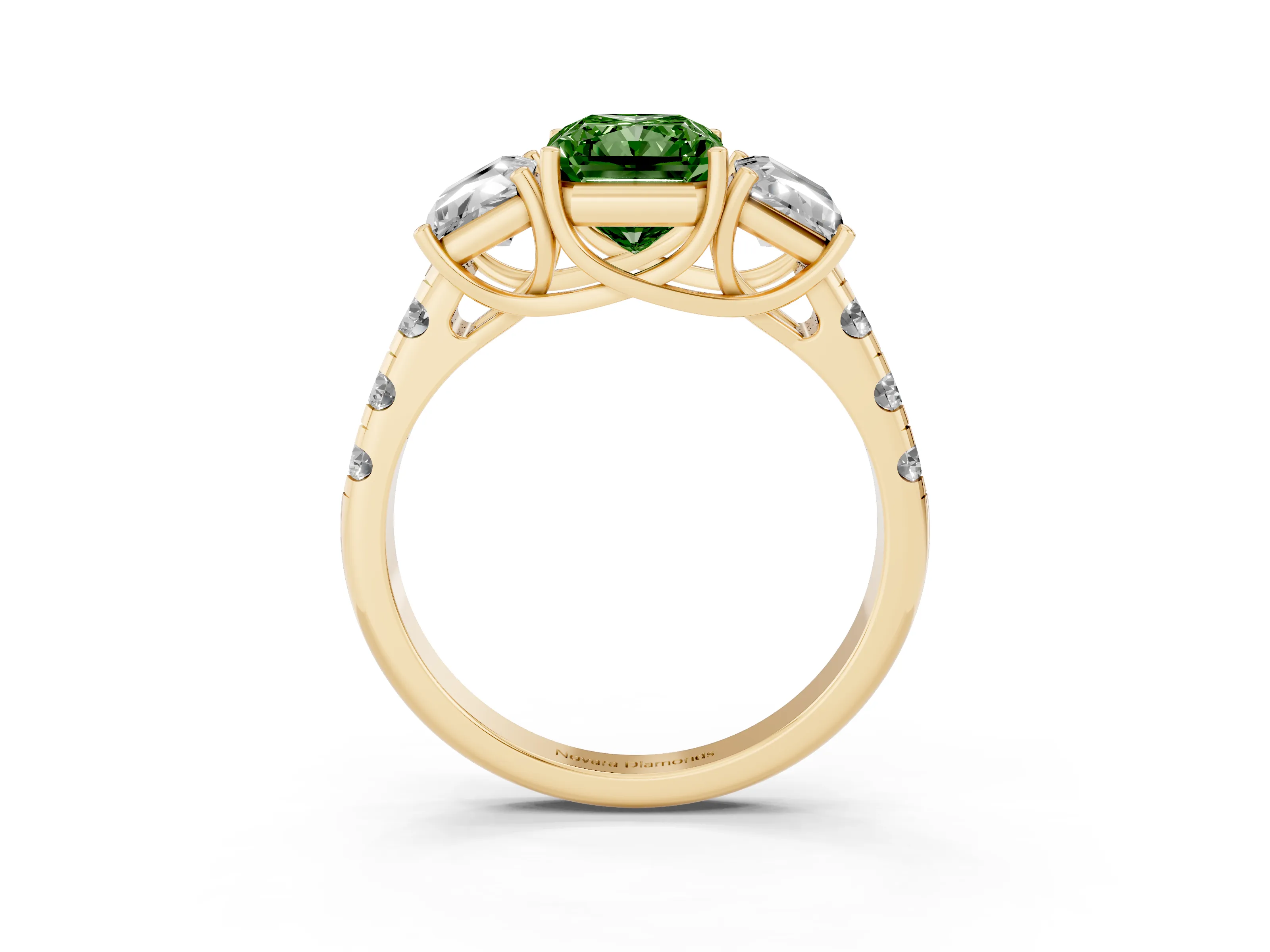 Fancy Green Radiant Cut Diamond Three-Stone Ring Set in Yellow gold with Pavé Band
