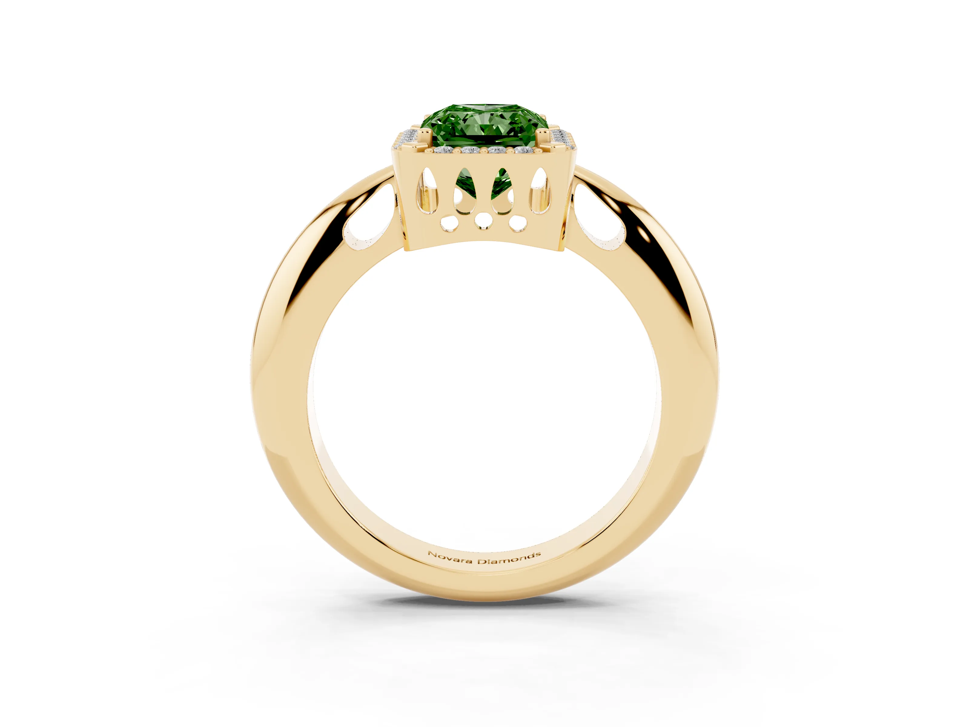 Fancy Green Radiant Cut Diamond Halo Engagement Ring Set in Yellow gold with Plain Split Shank and Prong Setting