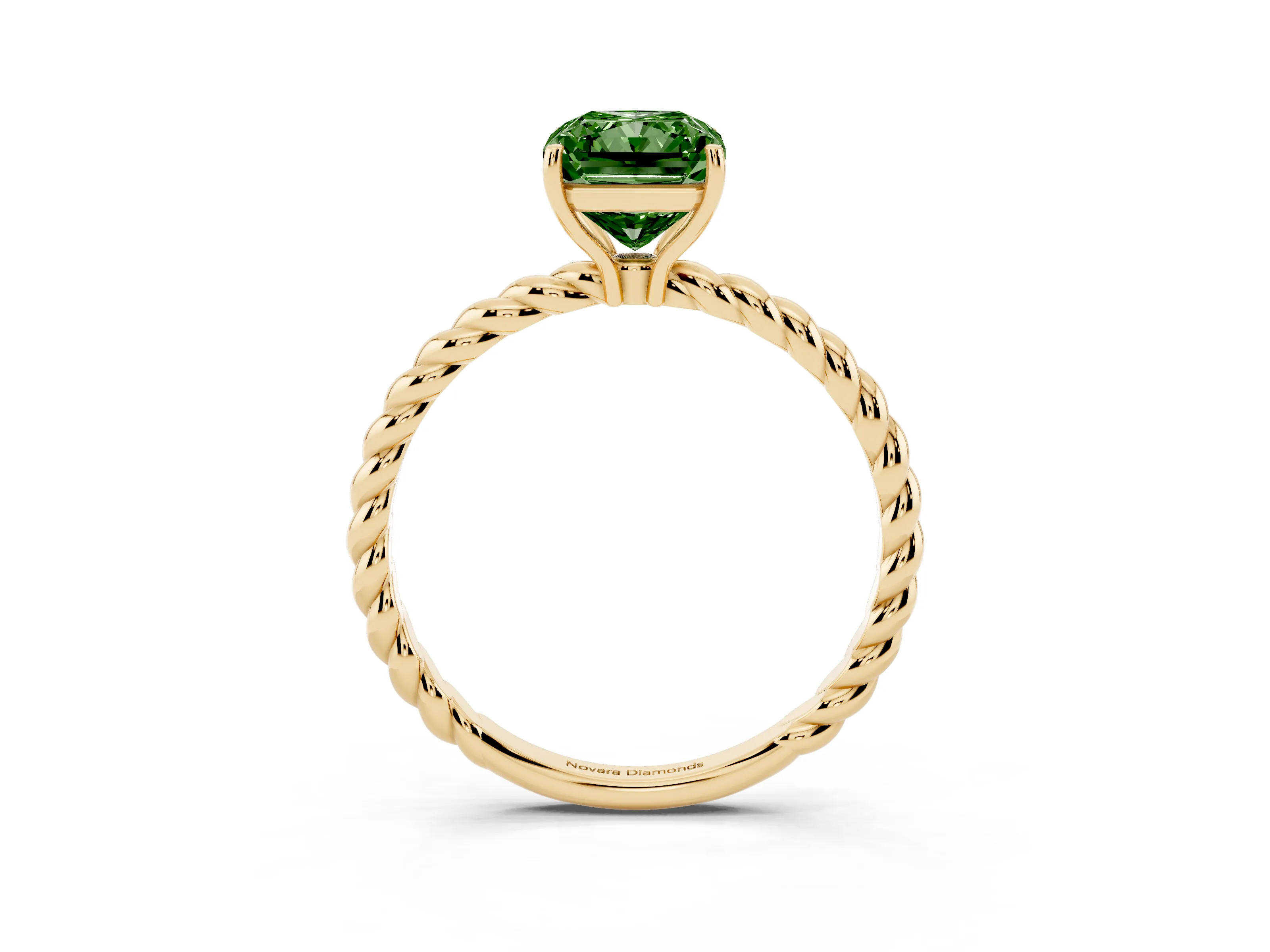 Fancy Green Radiant Cut Diamond Solitaire Ring Set in Yellow gold with Twist Band and Prong Setting