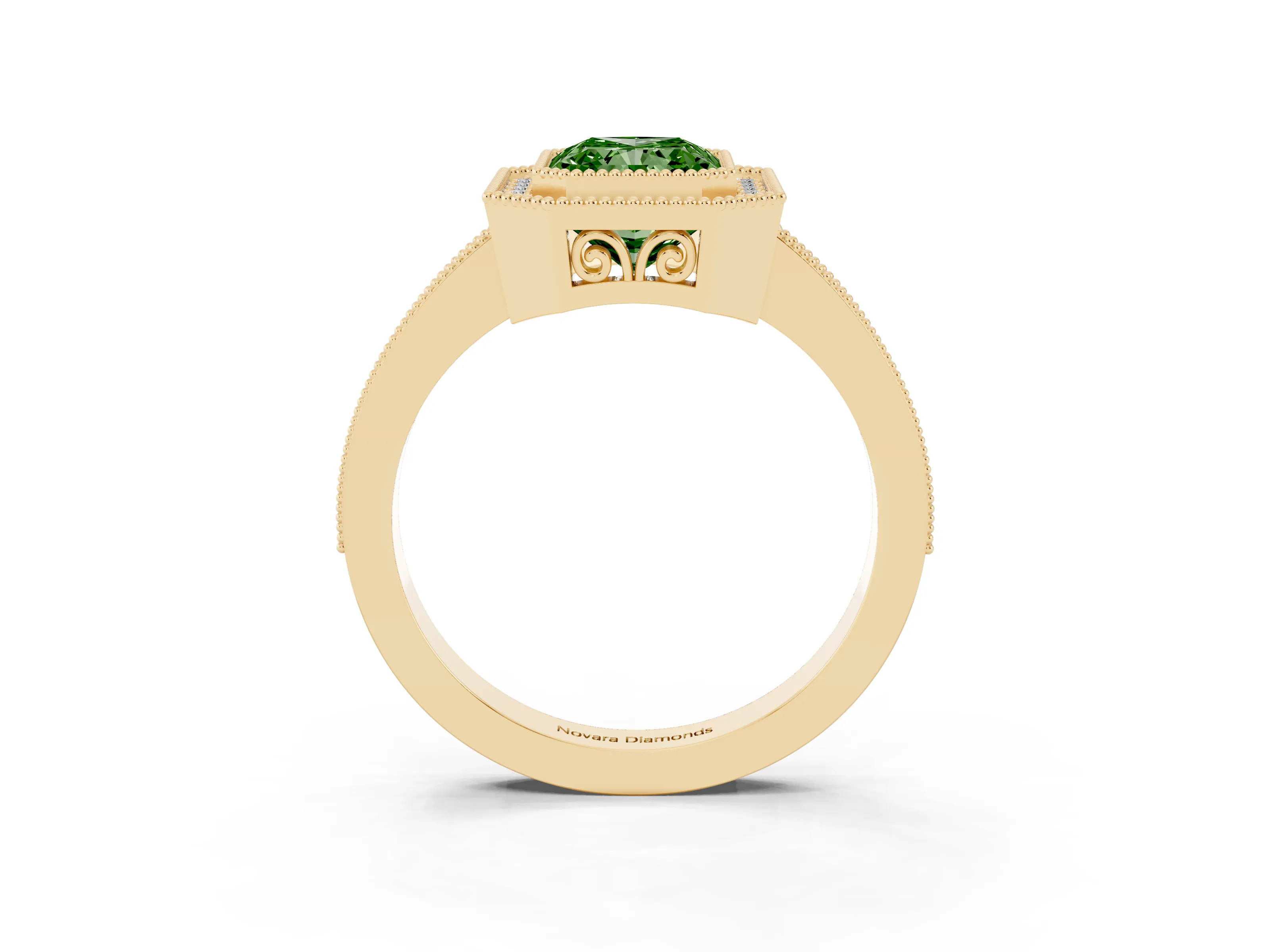 Fancy Green Radiant Cut Diamond Halo Ring Set in Yellow gold with Pavé Band and Milgrain-Edged Prongs