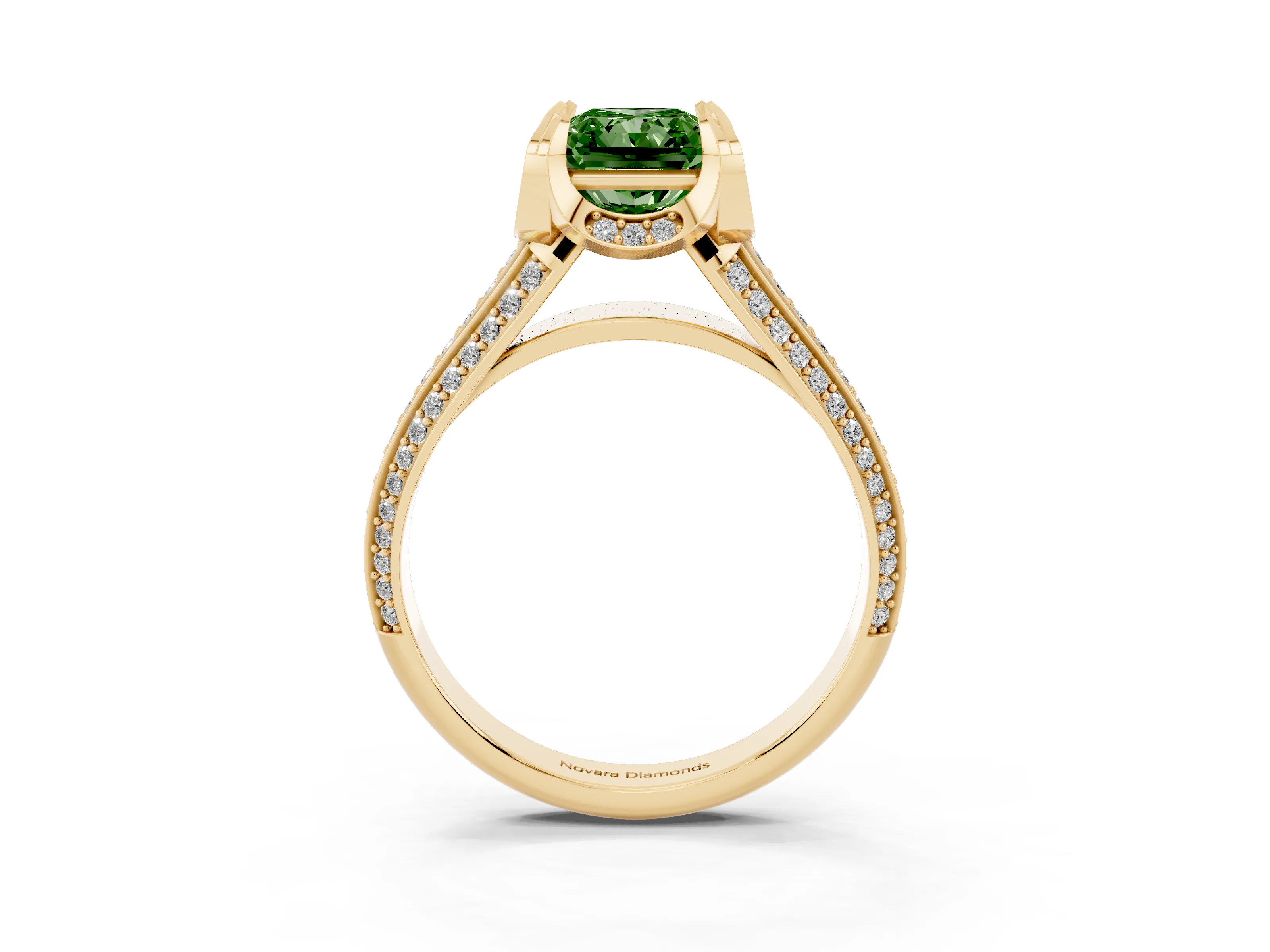 Fancy Green Radiant Cut Diamond Pavé Split Shank Solitaire Ring Set in Yellow gold with Prong Setting