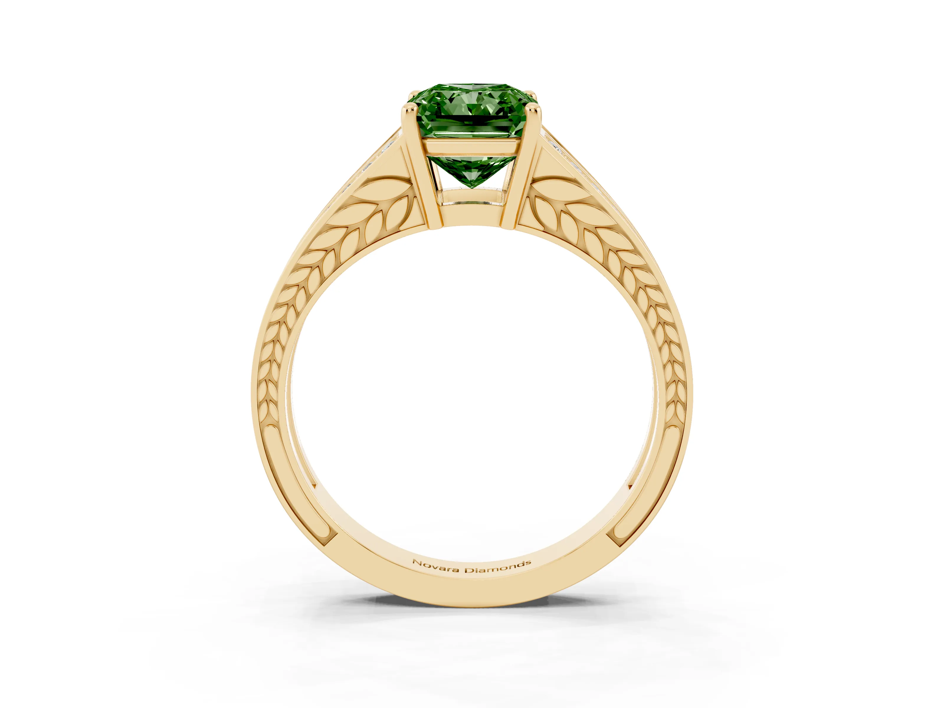 Fancy Green Radiant Cut Diamond Split Shank Ring Set in Yellow gold with Pavé Band and Prong Setting