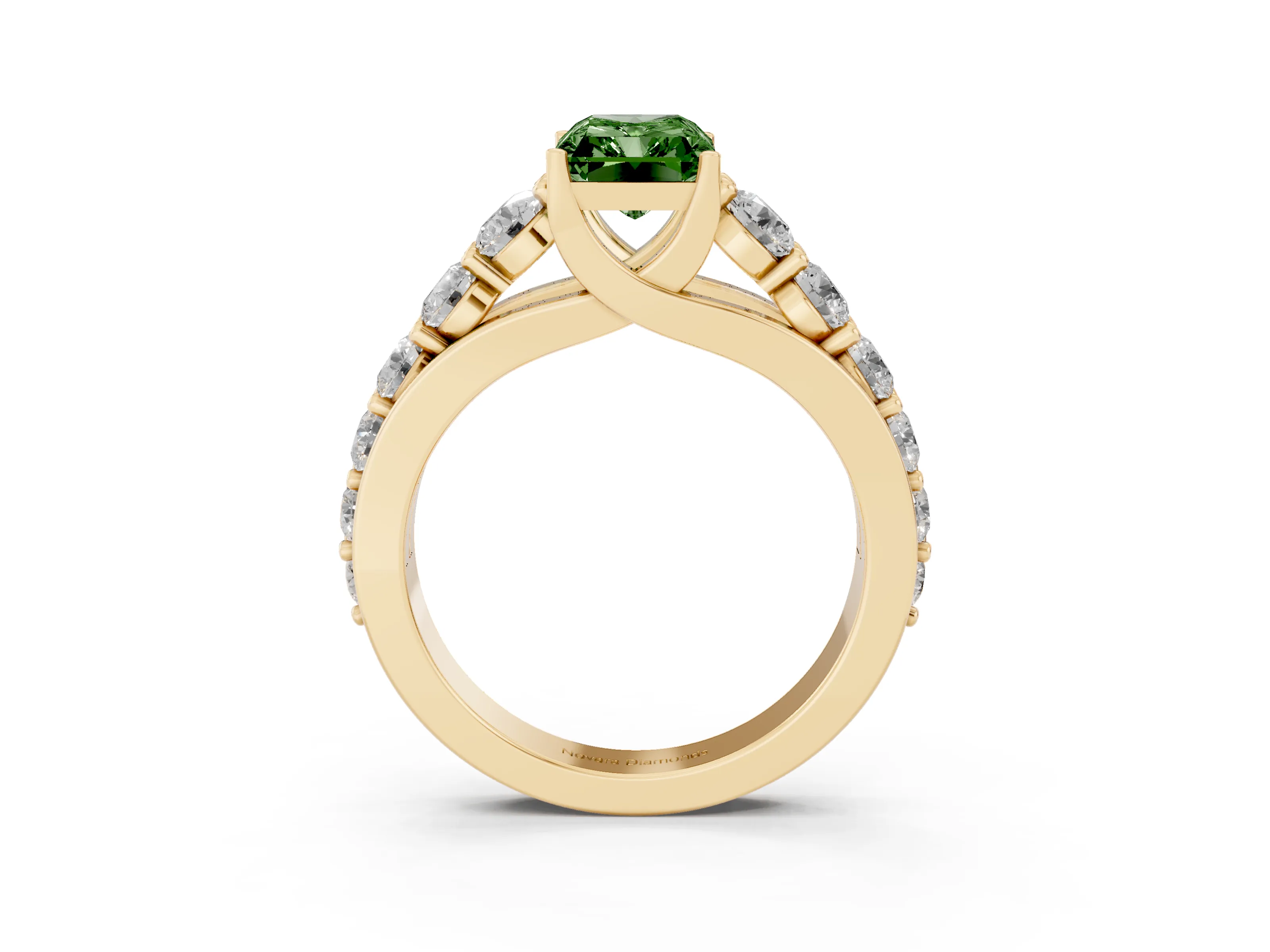 Fancy Green Radiant Cut Diamond Pavé Engagement Ring Set in Yellow gold with Prong Setting