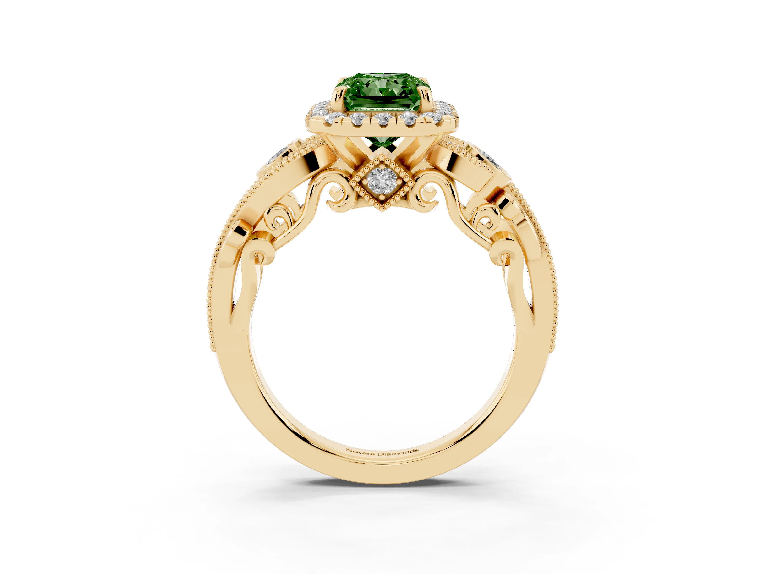Fancy Green Radiant Cut Diamond Halo Ring Set in Yellow gold with Milgrain Pavé Band and Prong Setting