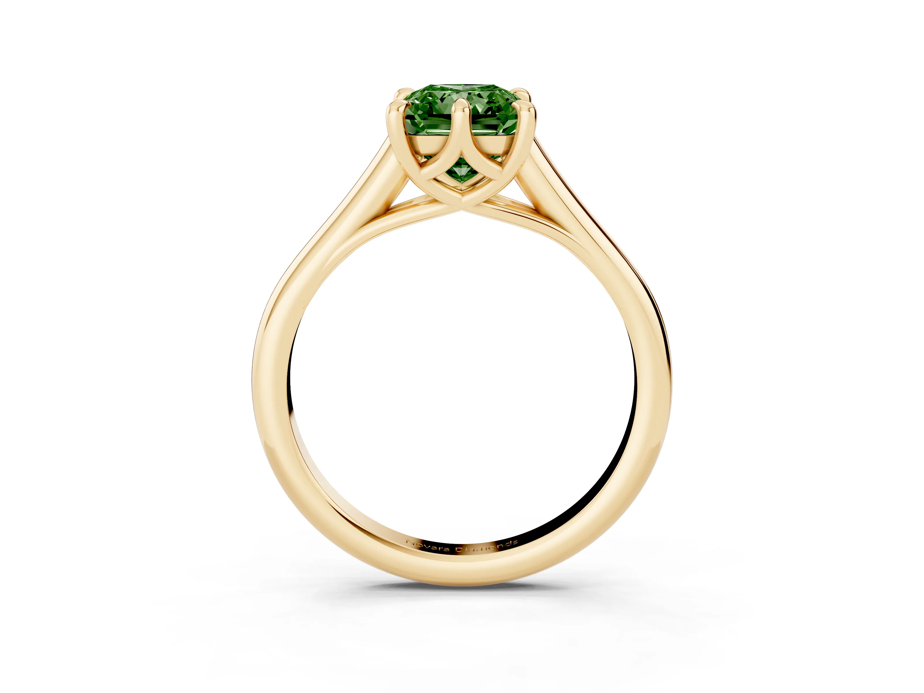 Fancy Green Radiant Cut Diamond Solitaire Engagement Ring Set in Yellow gold with Prong Setting and Plain Classic Band