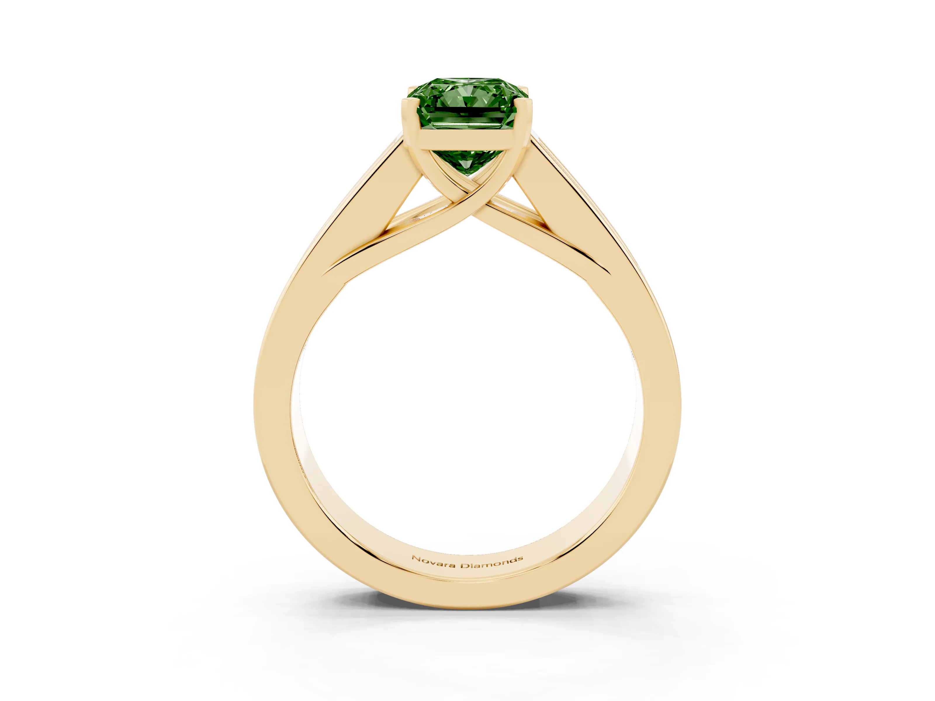 Fancy Green Radiant Cut Diamond Solitaire Ring Set in Yellow gold with Channel-Set Accent Stones and Prong Setting