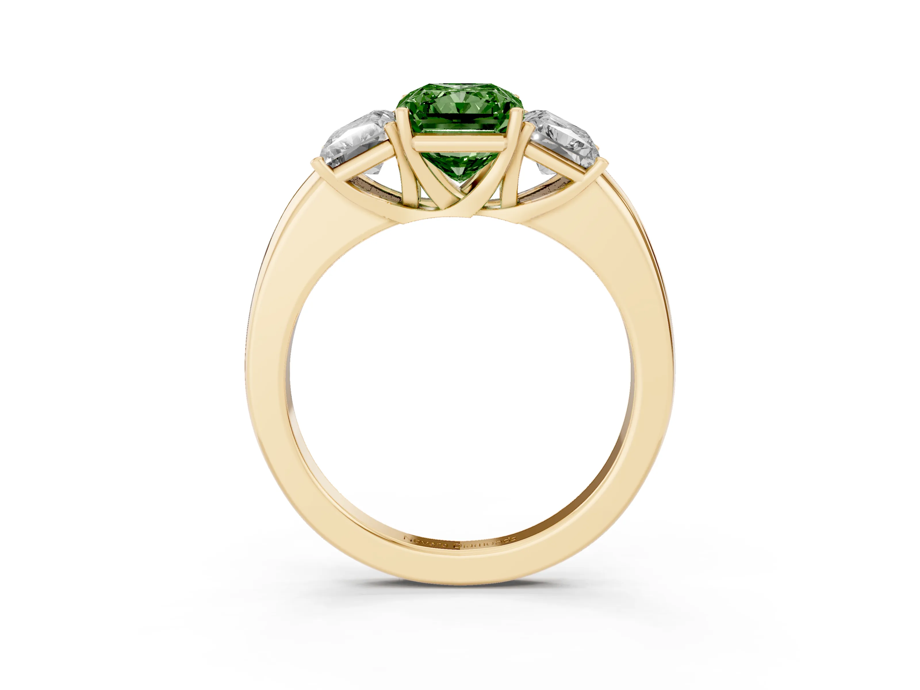 Fancy Green Radiant Cut Diamond Three-Stone Ring Set in Yellow gold with Bold Center and Classic Band