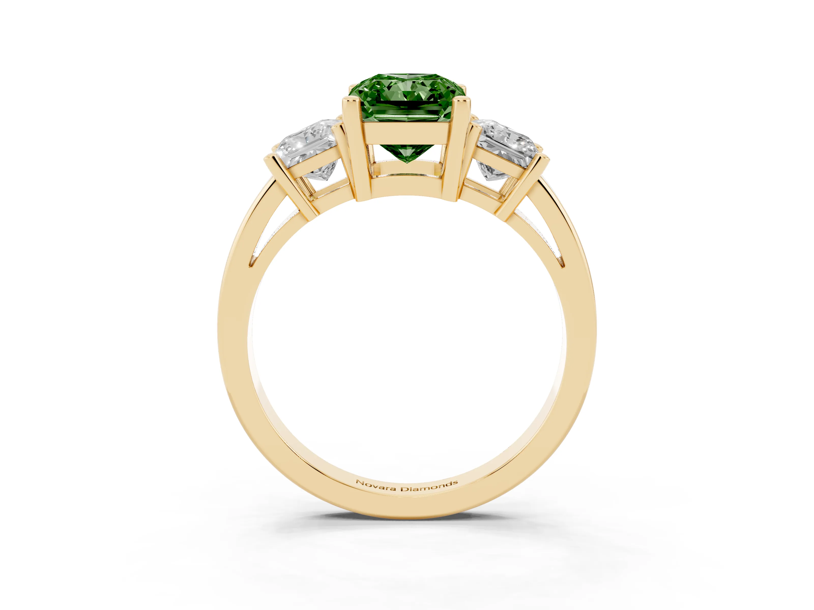 Fancy Green Three-Stone Radiant Cut Diamond Solitaire Ring Set in Yellow gold with Prong Setting