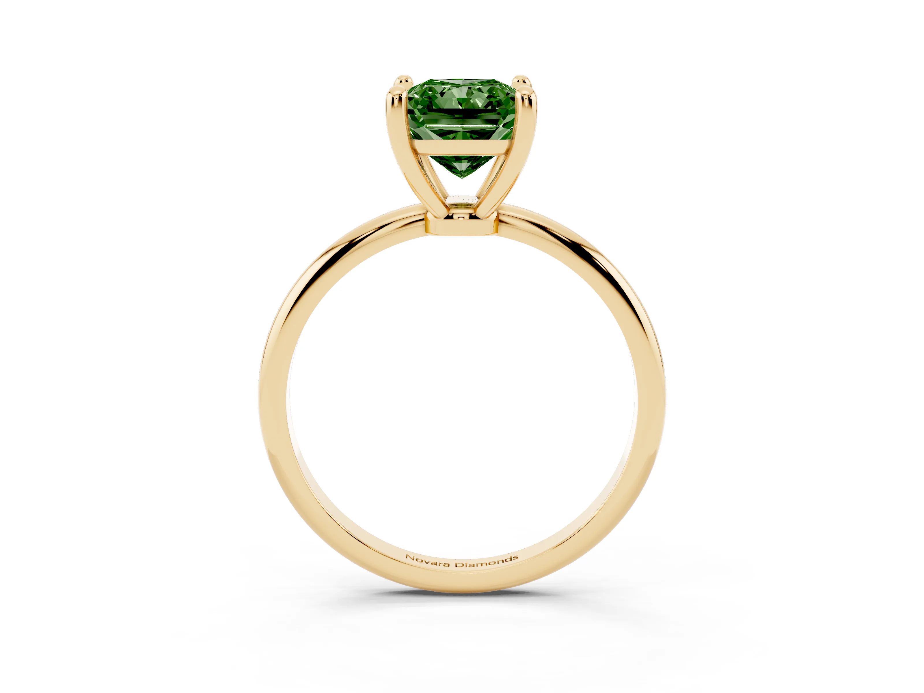 Fancy Green Radiant Cut Diamond Solitaire Ring Set in Yellow gold with Secure Prong Setting on a Classic Band