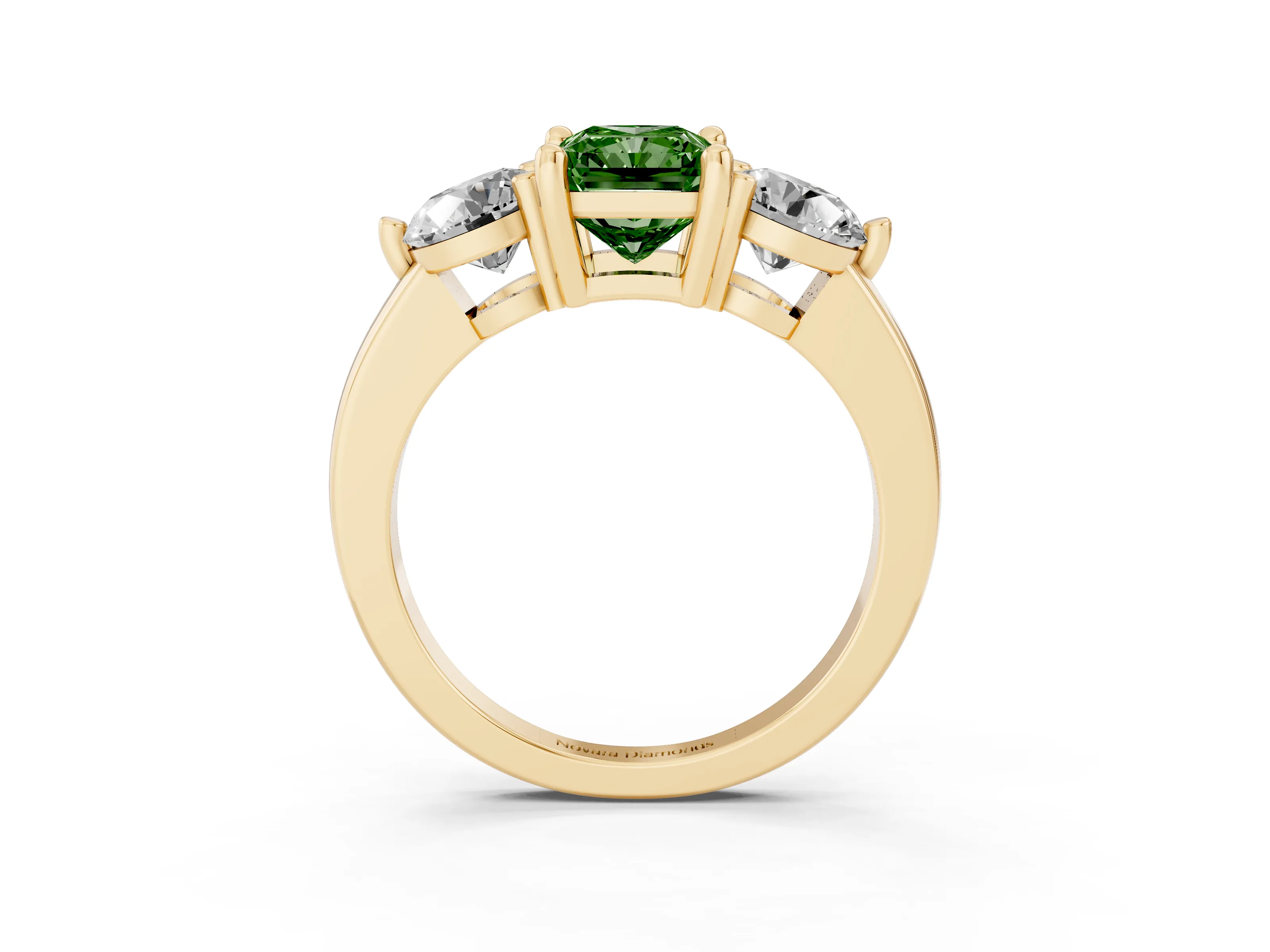 Fancy Green Radiant Cut Diamond Three-Stone Ring Set in Yellow gold with Prong Setting and Classic Band