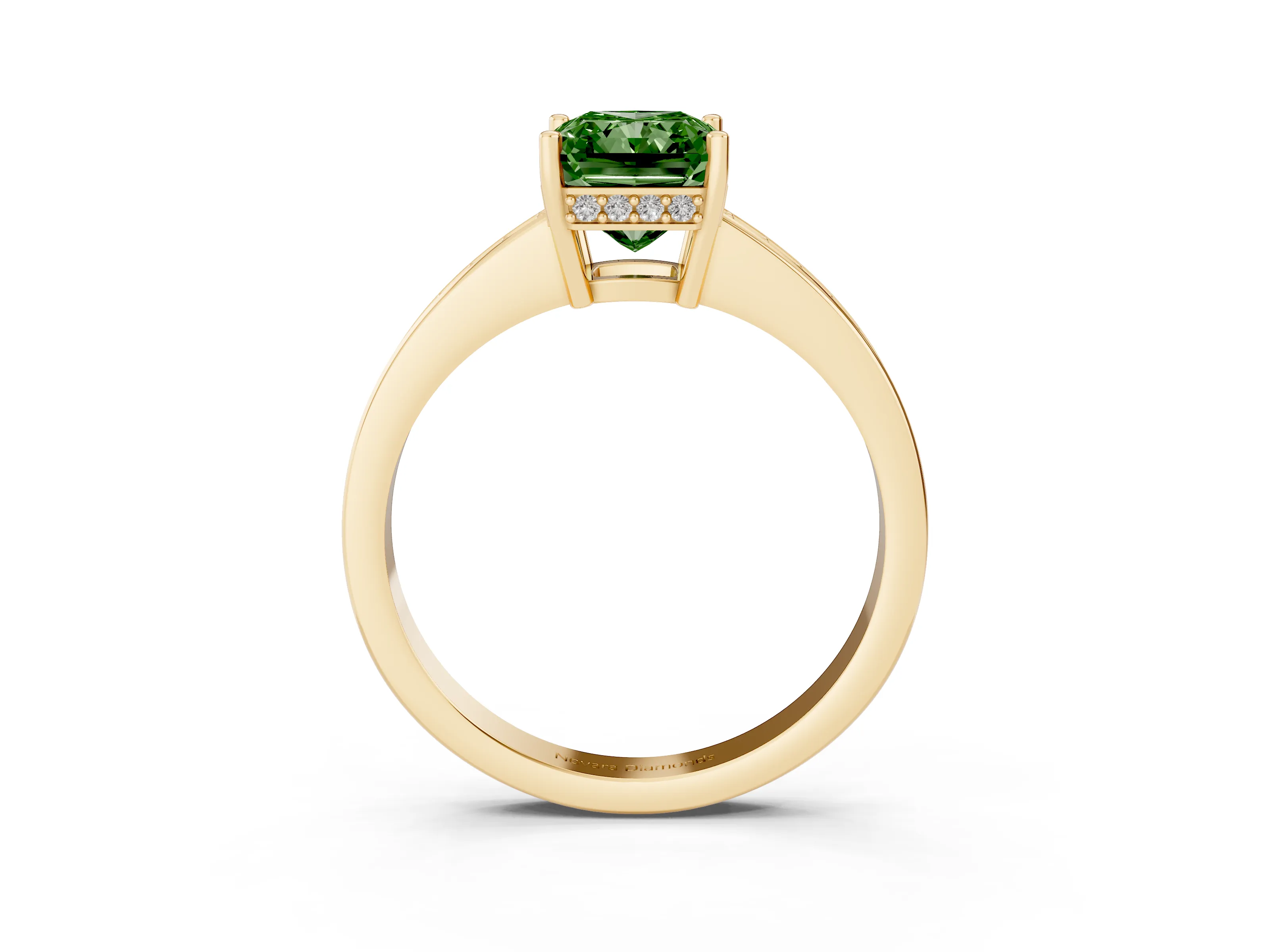 Fancy Green Radiant Cut Diamond Pavé Band Prong Set Solitaire Ring Set in Yellow gold