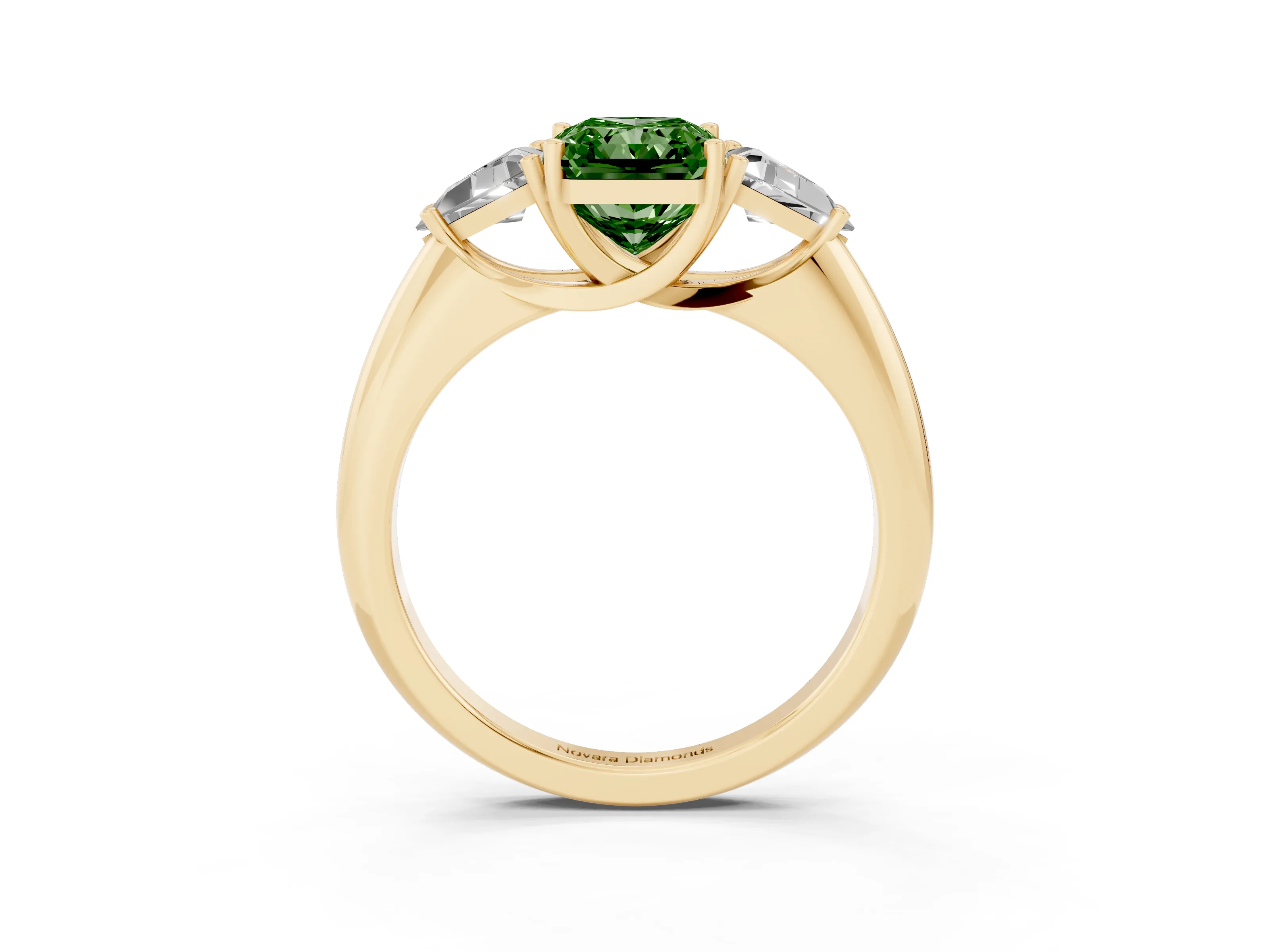 Fancy Green Radiant Cut Diamond Three-Stone Engagement Ring Set in Yellow gold with Trillion Side Stones