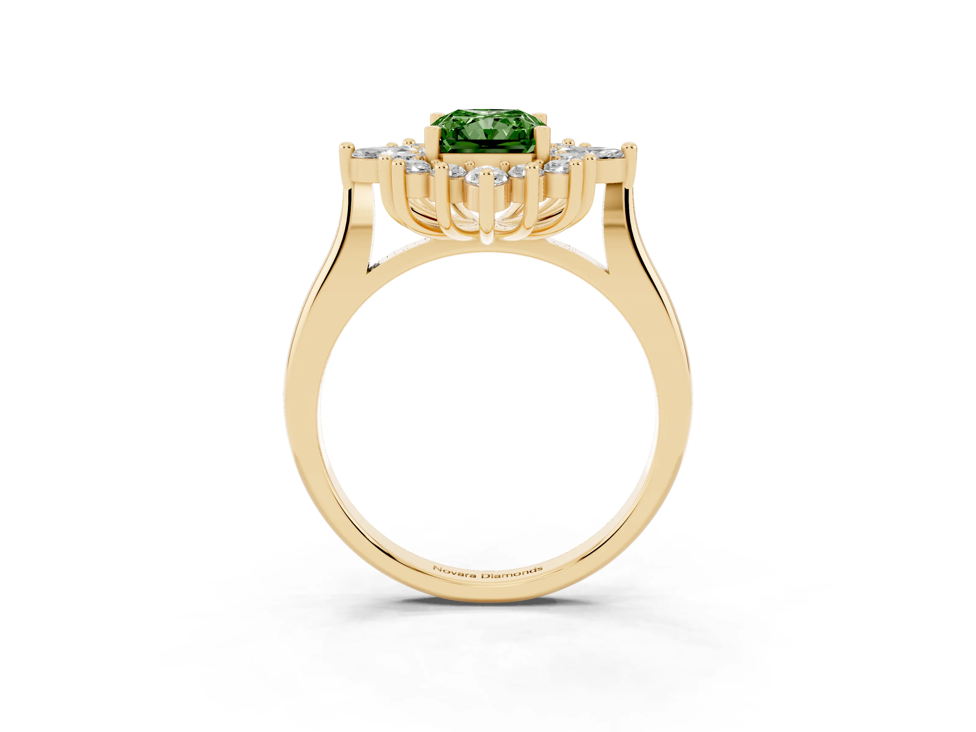 Fancy Green Radiant Cut Diamond Cluster Halo Ring Set in Yellow gold with Marquise and Round Accents