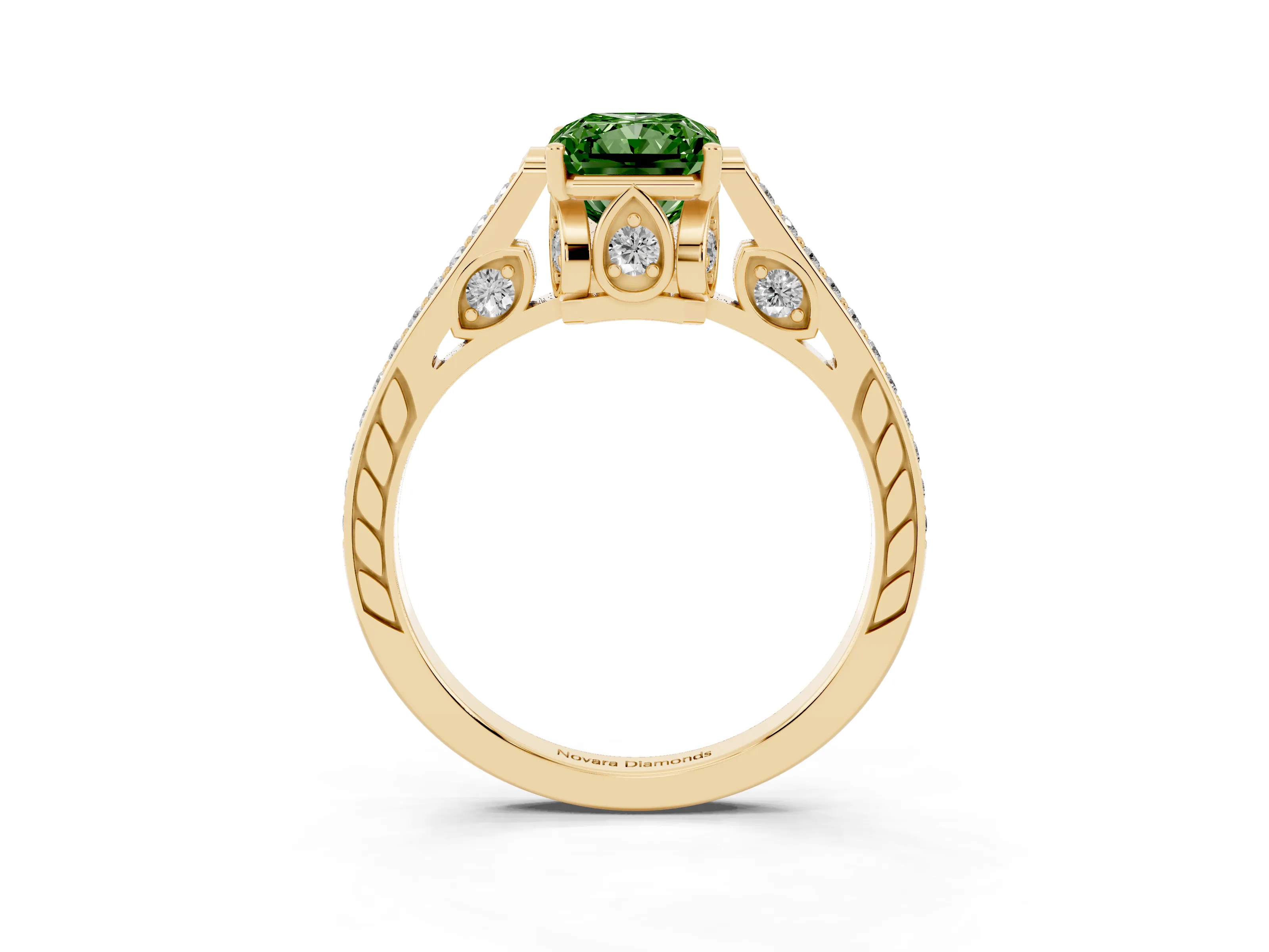 Fancy Green Radiant Cut Diamond Cathedral Pavé Engagement Ring Set in Yellow gold with Prong Setting