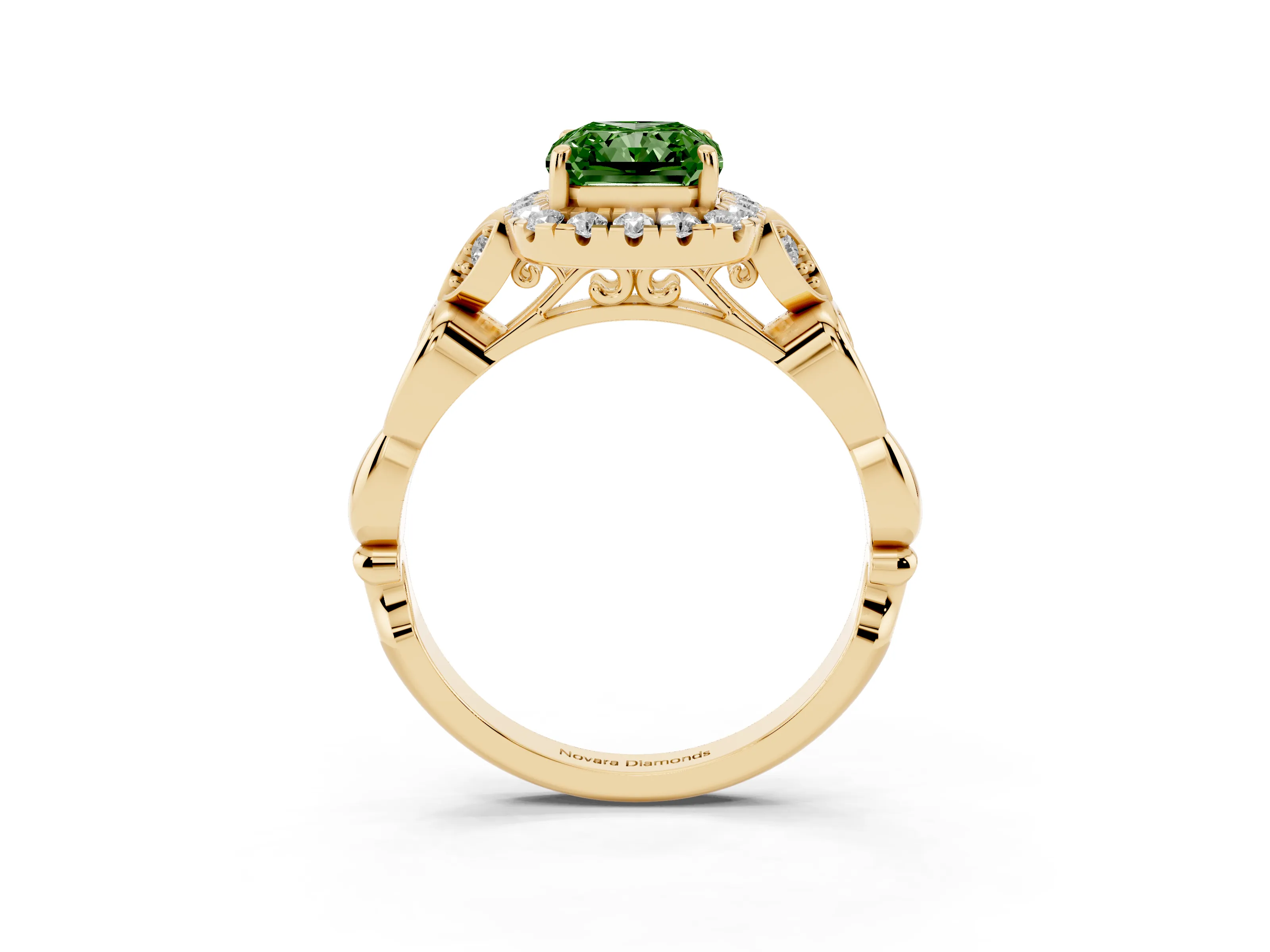 Fancy Green Radiant Cut Diamond Halo Engagement Ring Set in Yellow gold with Vintage-Inspired Band and Prong Setting