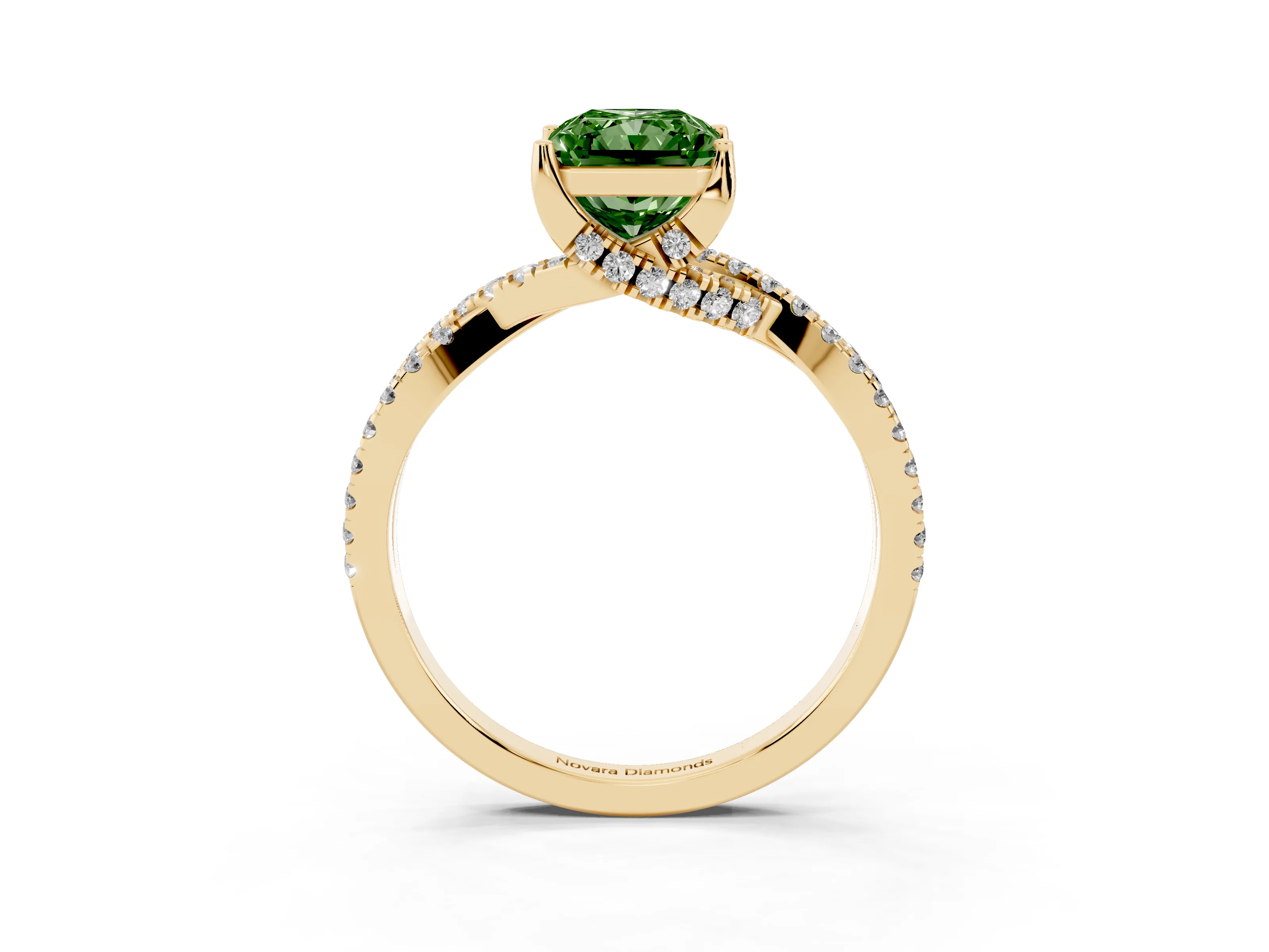 Fancy Green Radiant Cut Diamond Twist Pavé Solitaire Engagement Ring Set in Yellow gold with Prong Setting