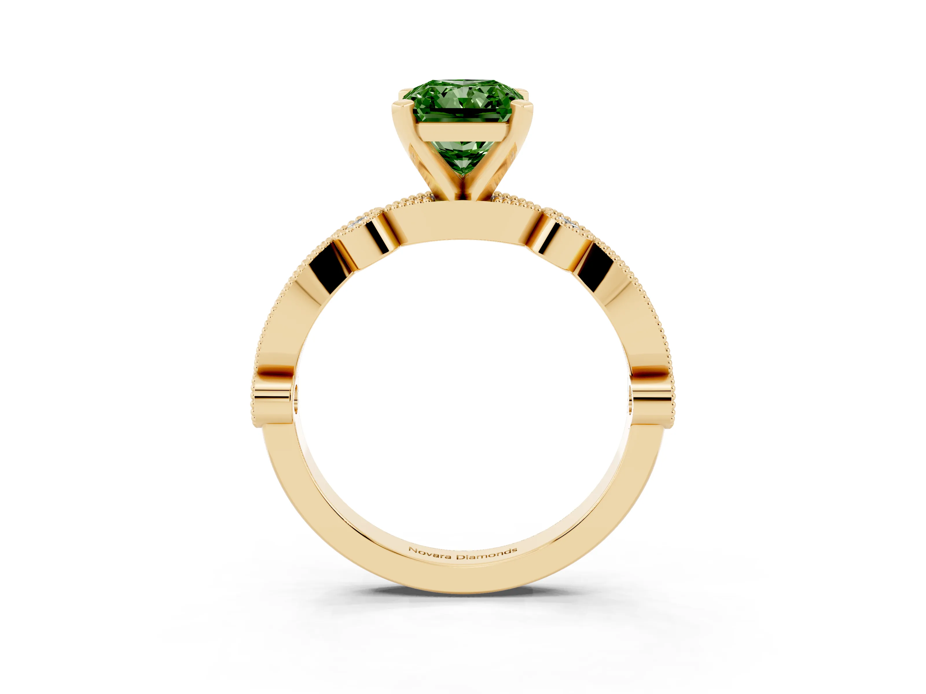 Fancy Green Radiant Cut Diamond Solitaire Engagement Ring Set in Yellow gold with Milgrain Bezel Accent Band