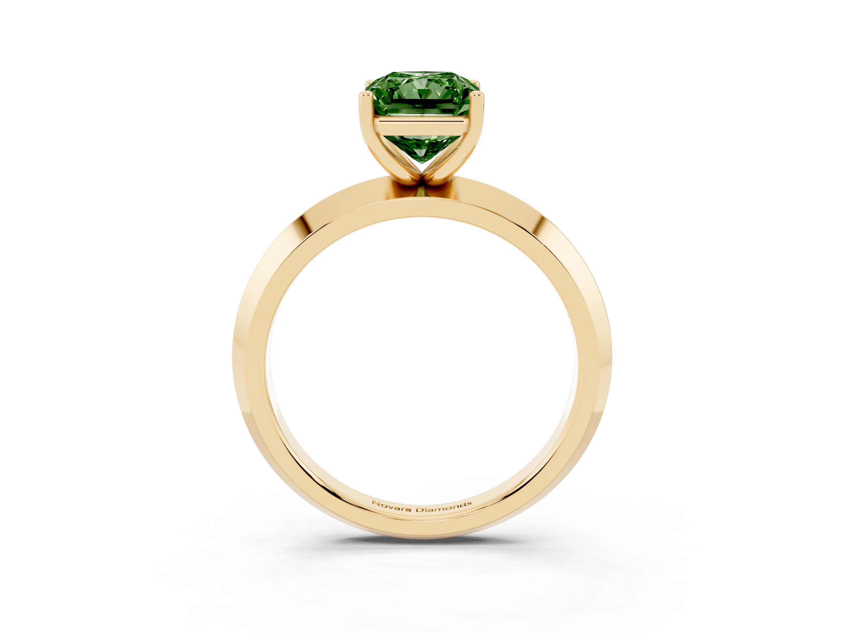 Fancy Green Radiant Cut Diamond Solitaire Engagement Ring Set in Yellow gold with Flat Band and Prong Setting
