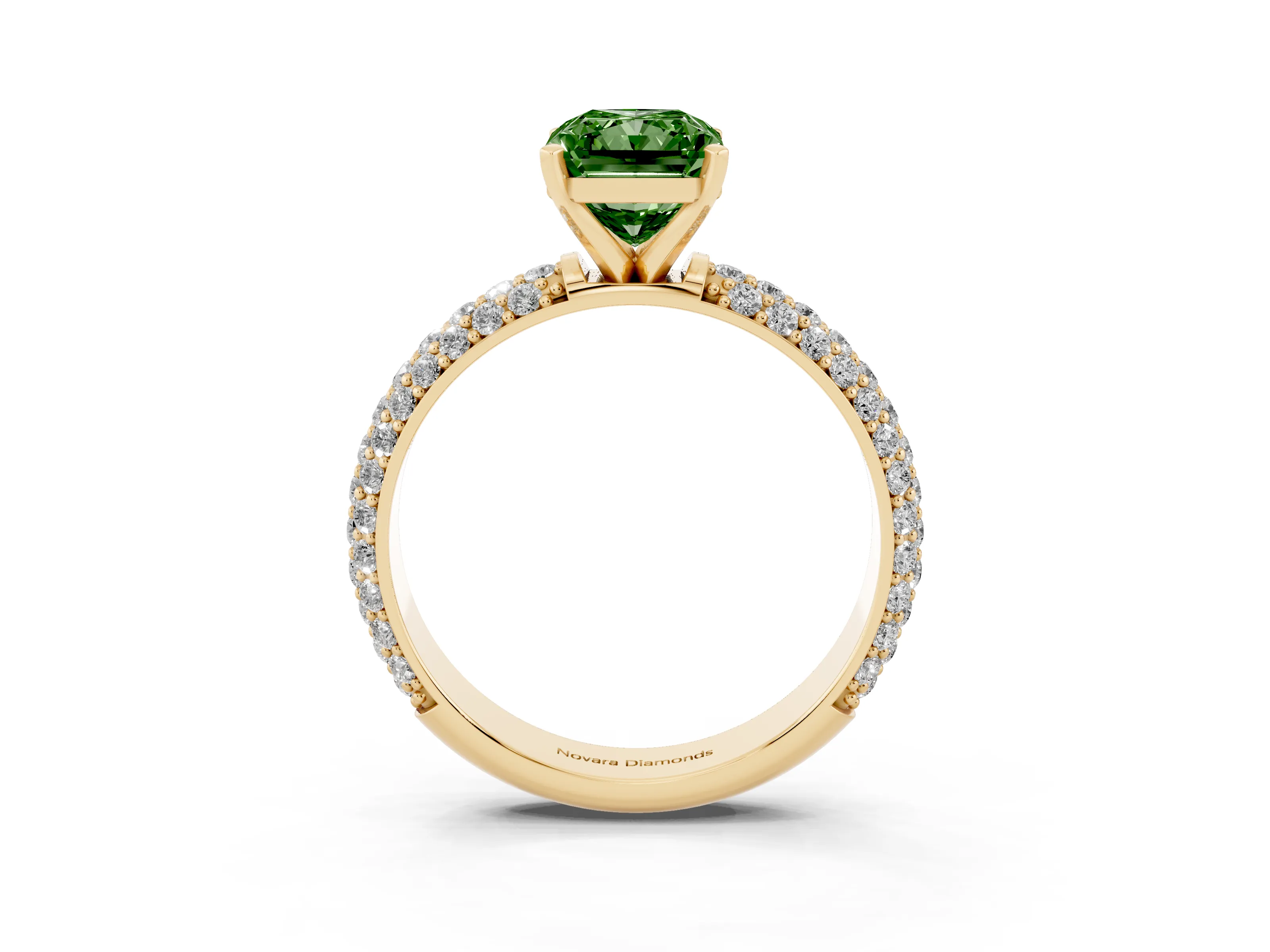Fancy Green Radiant Cut Diamond Solitaire Ring Set in Yellow gold with Prong Setting and Pavé-Set Band