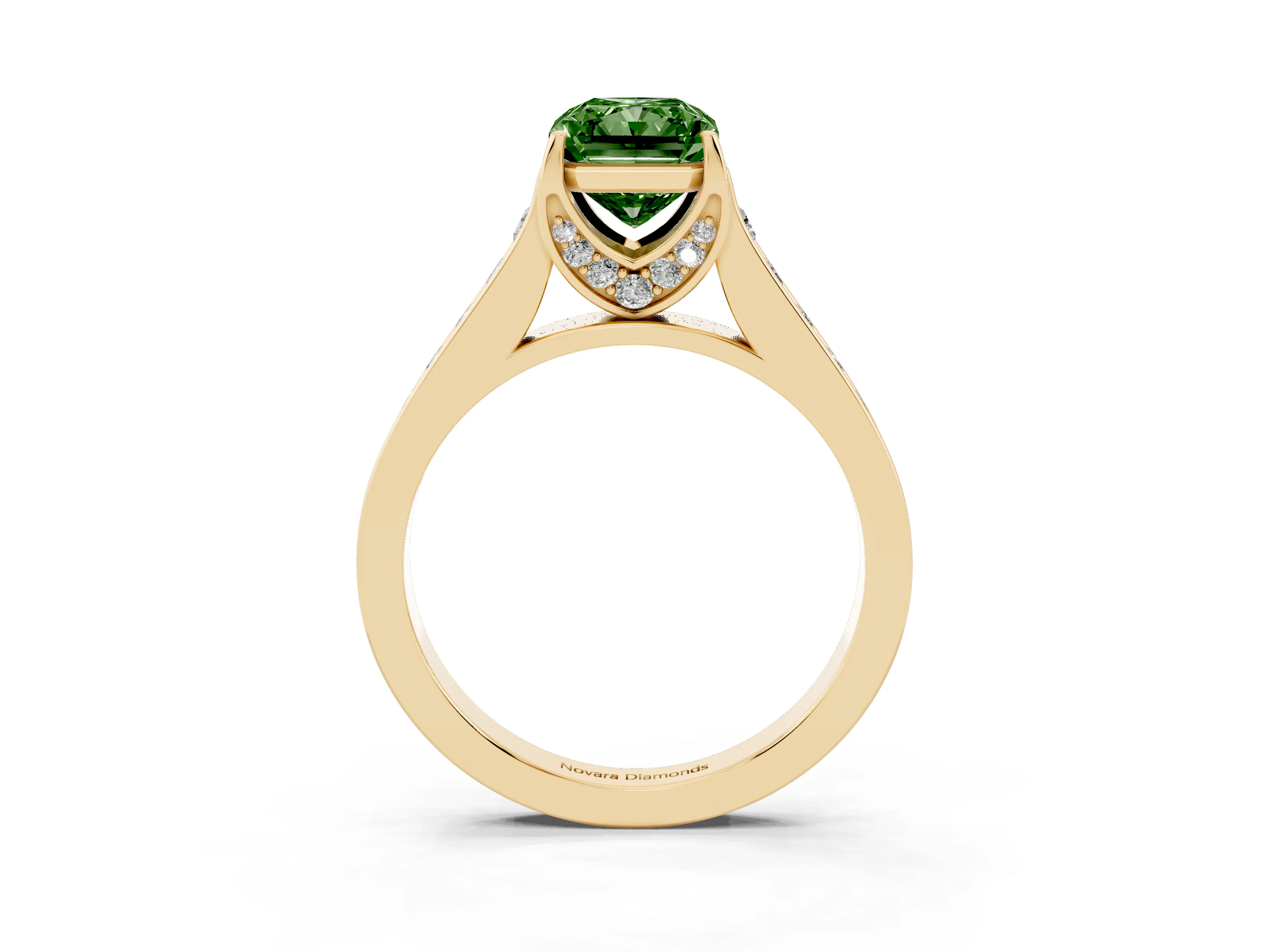 Fancy Green Radiant Cut Diamond Solitaire Pavé Engagement Ring Set in Yellow gold with Prong Setting