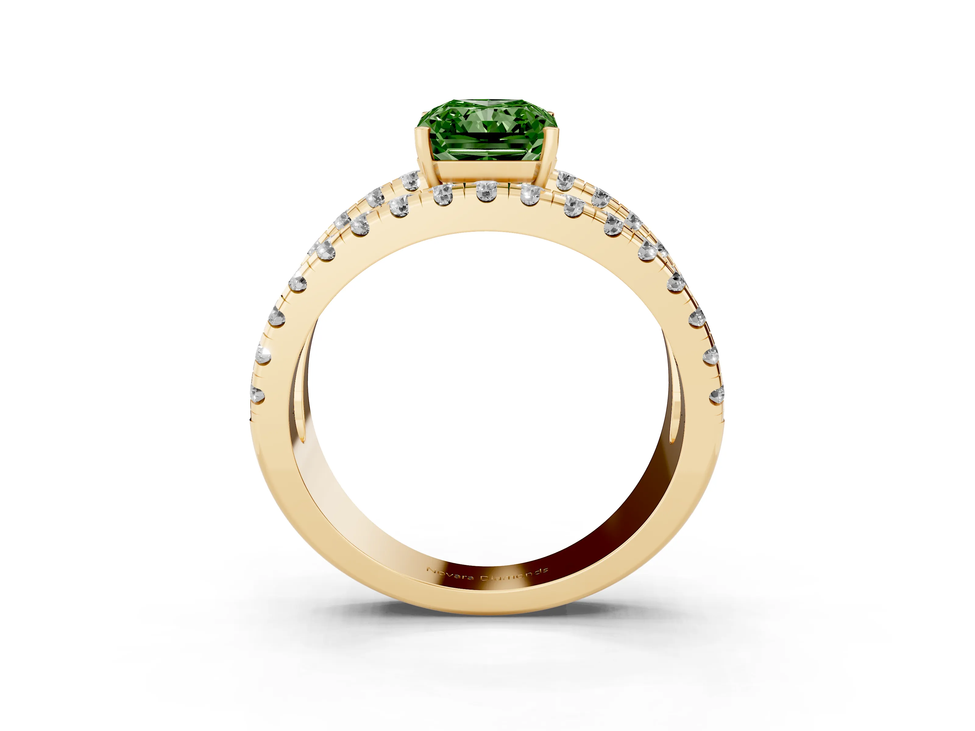 Fancy Green Radiant Cut Diamond Split Shank Pavé Solitaire Ring Set in Yellow gold with Open Shank Design