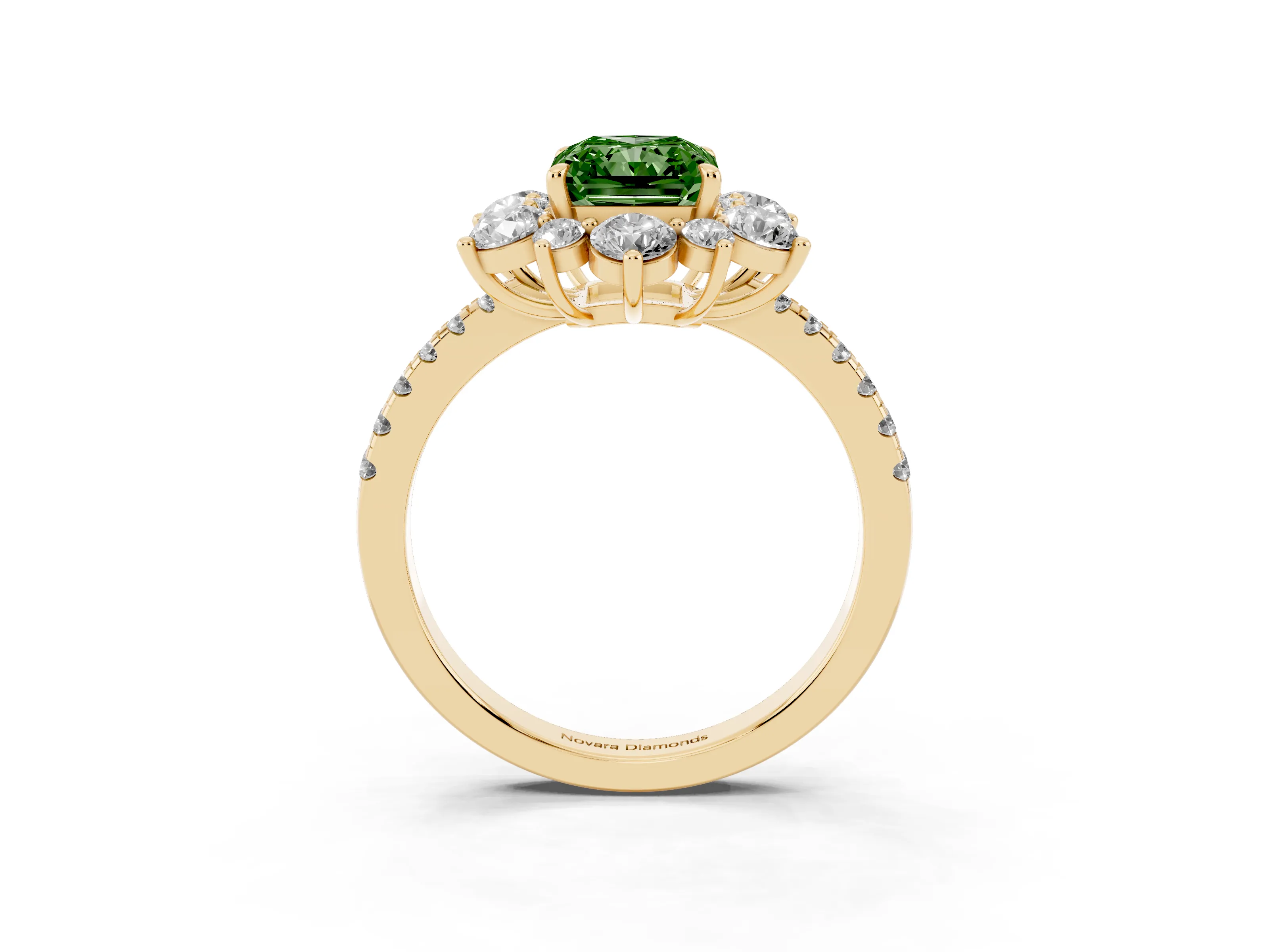 Fancy Green Radiant Cut Diamond Floral Halo Ring Set in Yellow gold with Round Pavé Band and Prong Setting