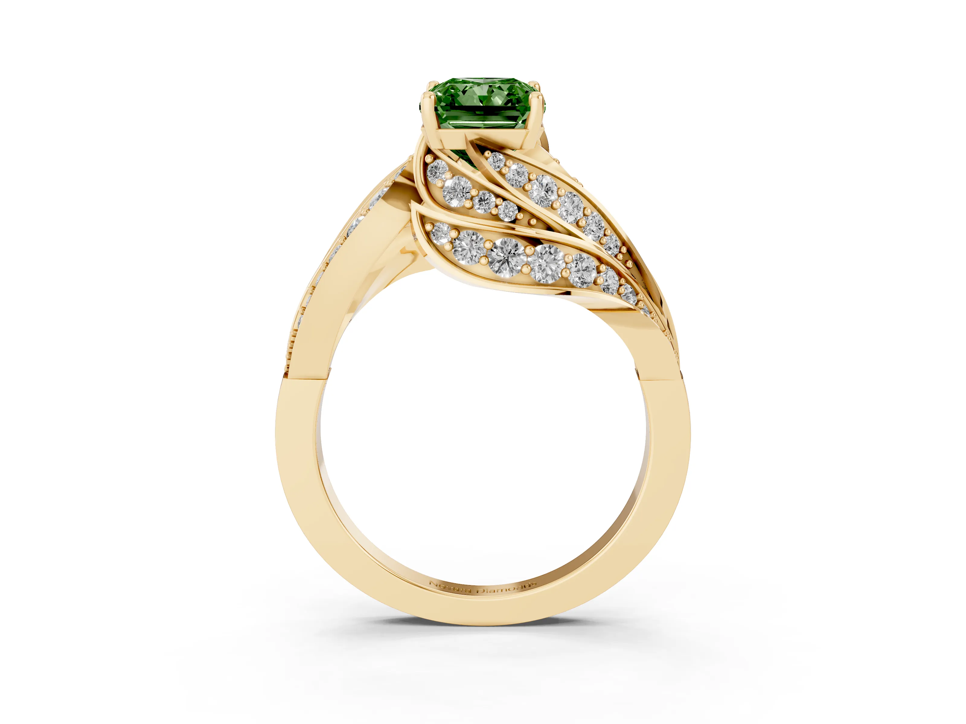 Fancy Green Radiant Cut Diamond Solitaire Ring Set in Yellow gold with Layered Twist Pavé Band