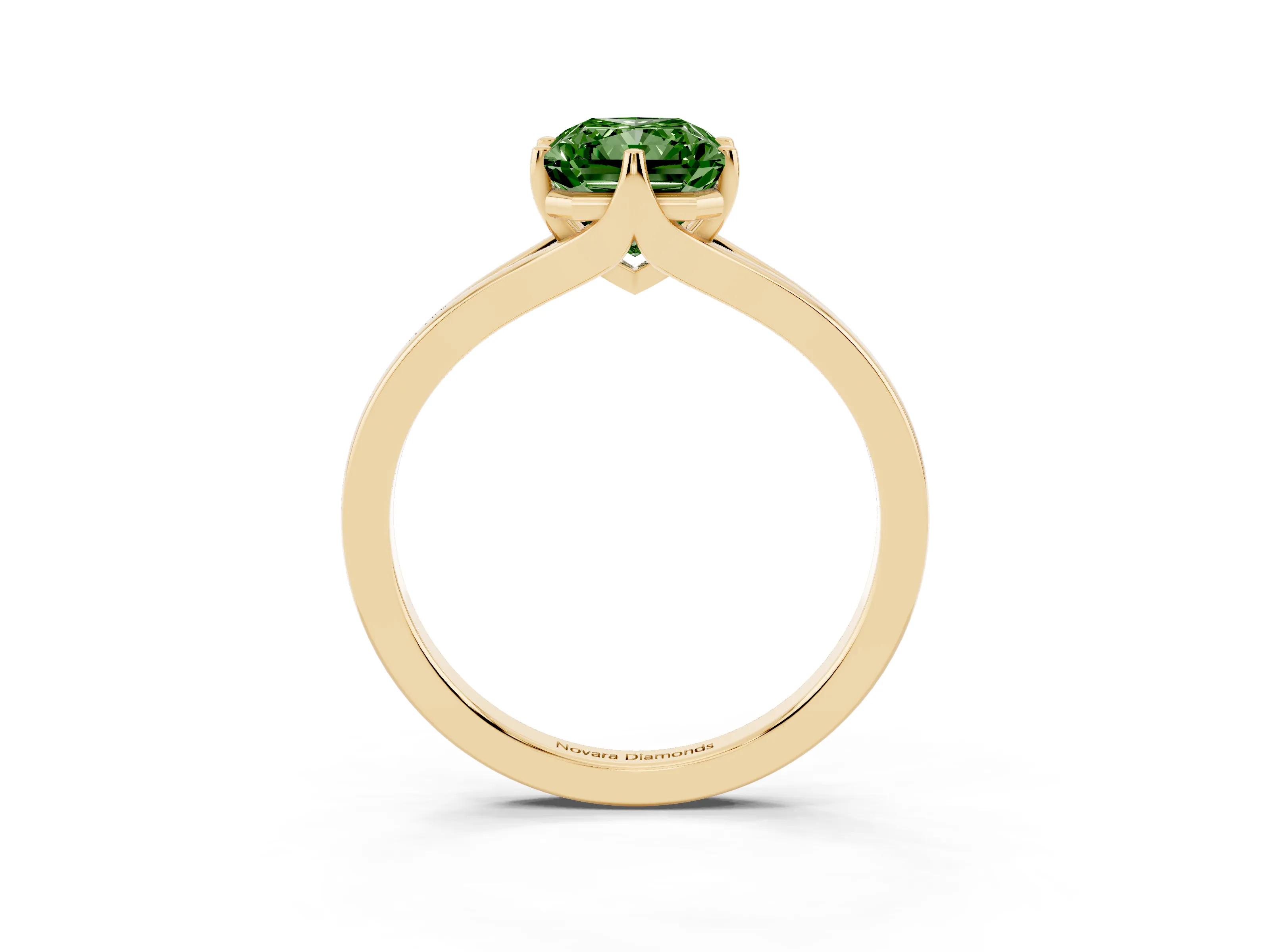 Fancy Green Radiant Cut Diamond Solitaire Ring Set in Yellow gold with Polished Tapered Band and Prong Setting
