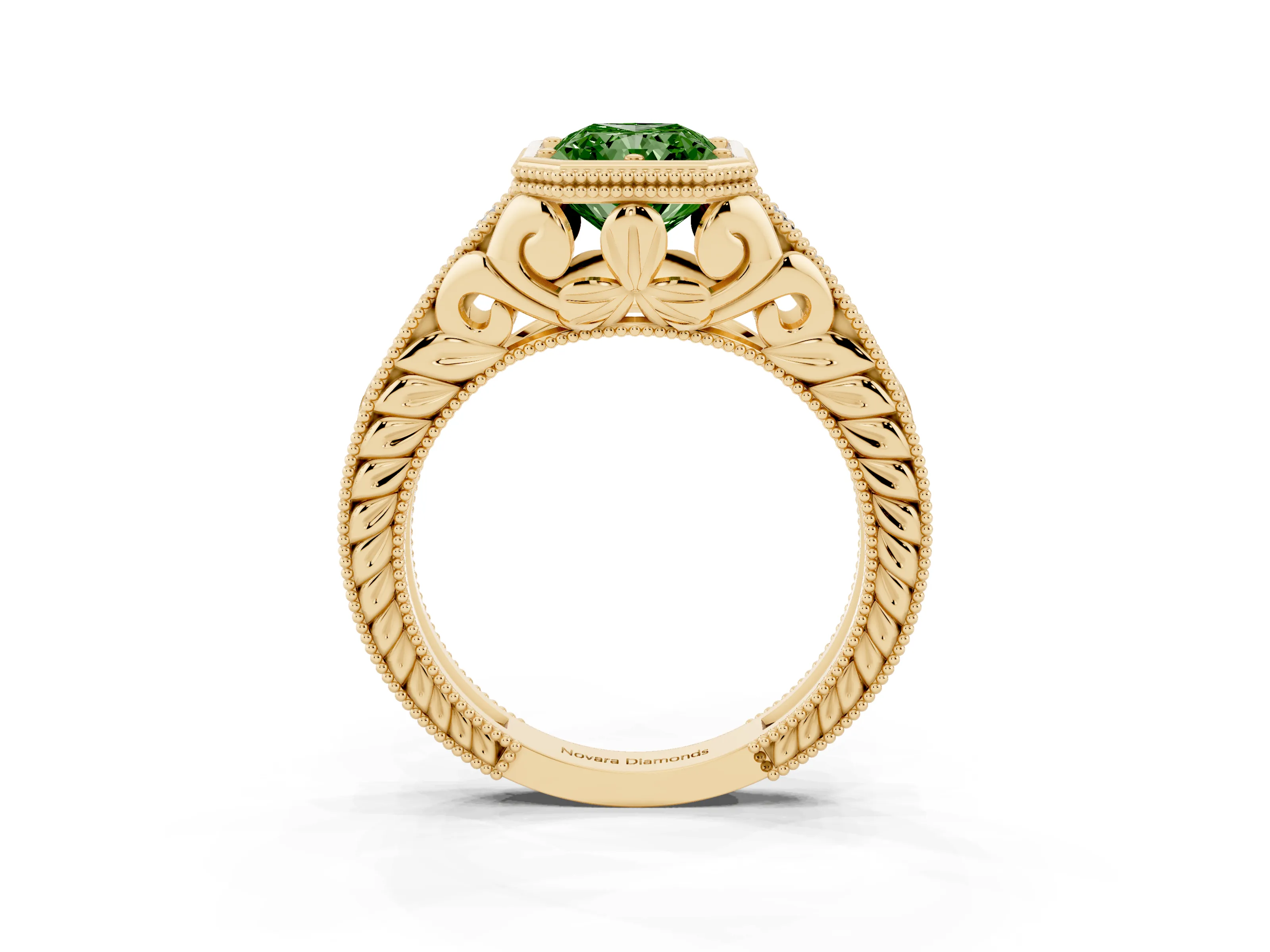 Fancy Green Bezel Set Radiant Cut Diamond Milgrain Pavé Engagement Ring Set in Yellow gold