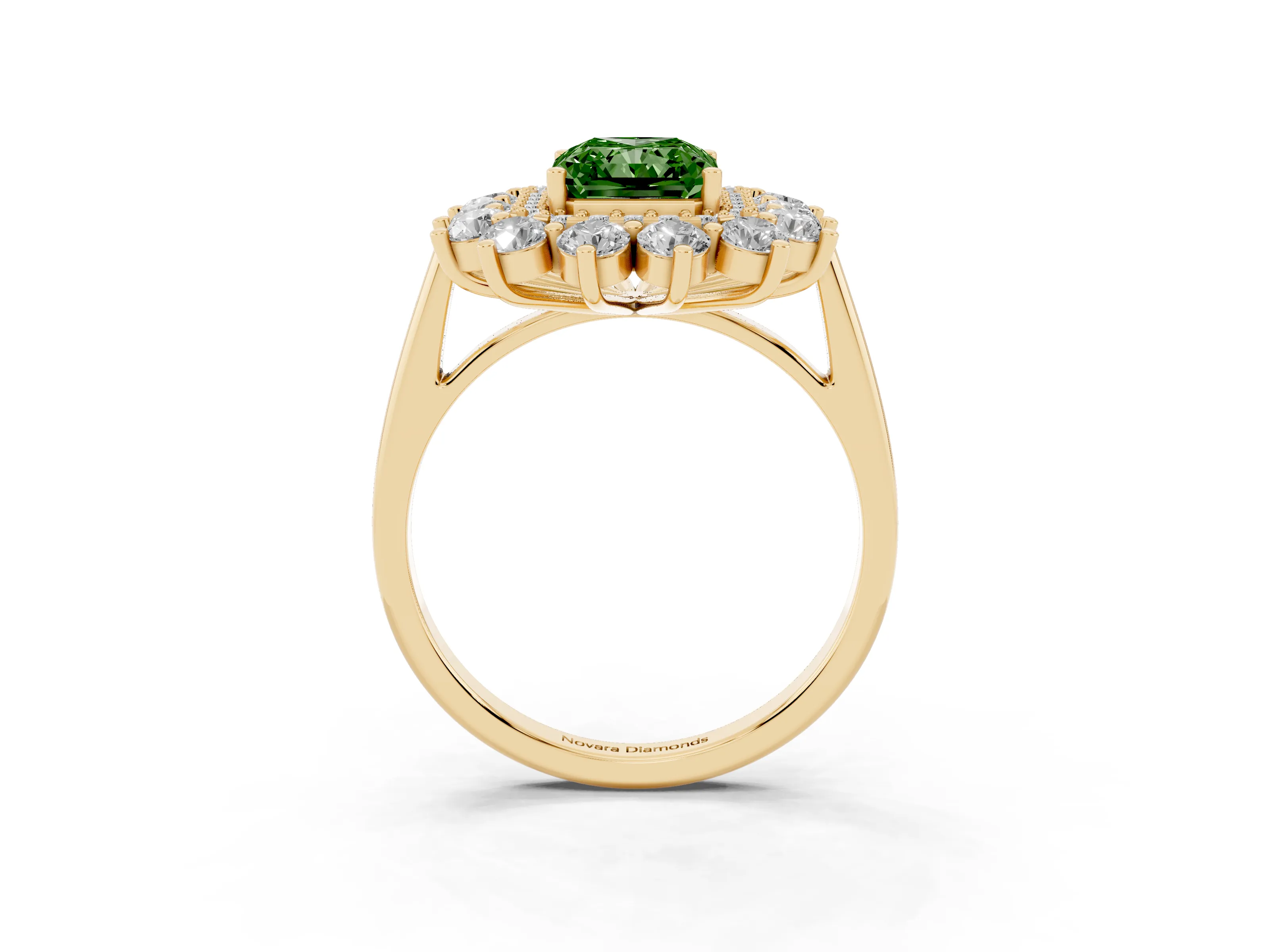 Fancy Green Radiant Cut Diamond Floral Double Halo Ring Set in Yellow gold with Round Petals