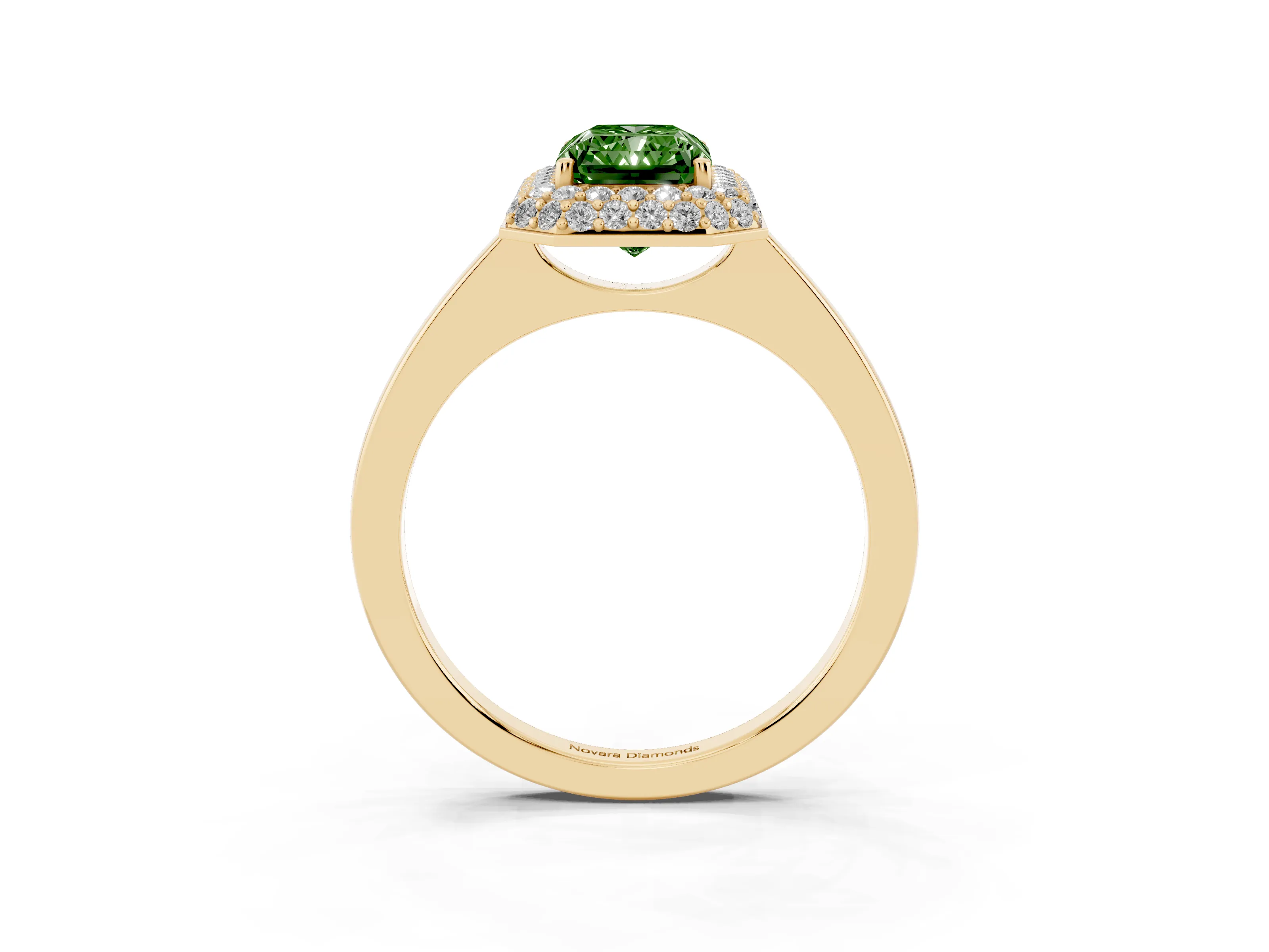 Fancy Green Radiant Cut Diamond Halo Engagement Ring Set in Yellow gold with Solitaire Band and Prong Setting