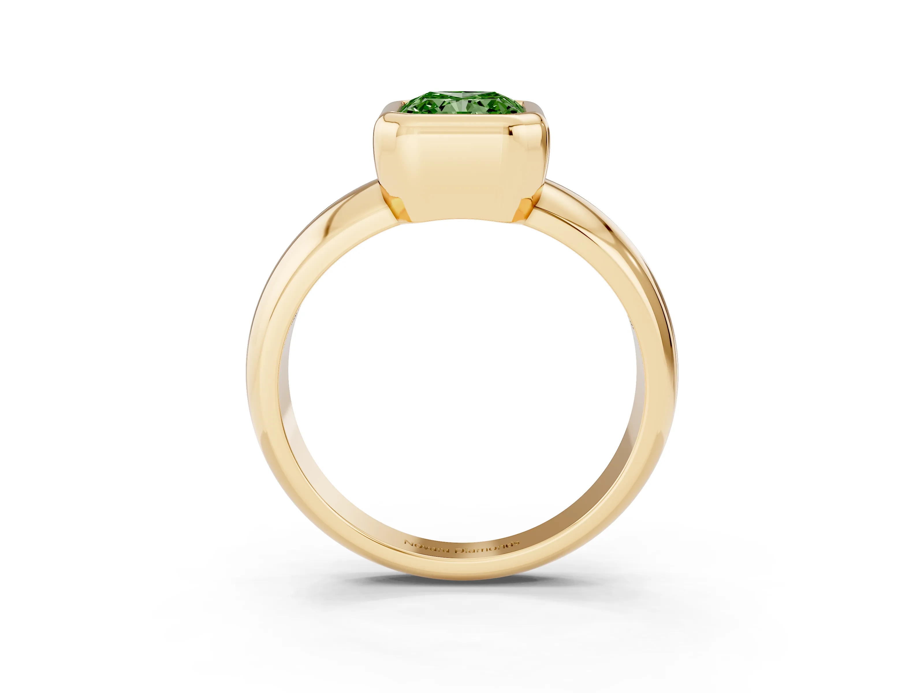 Fancy Green Bezel Set Radiant Cut Diamond Solitaire Ring Set in Yellow gold with Wide Band